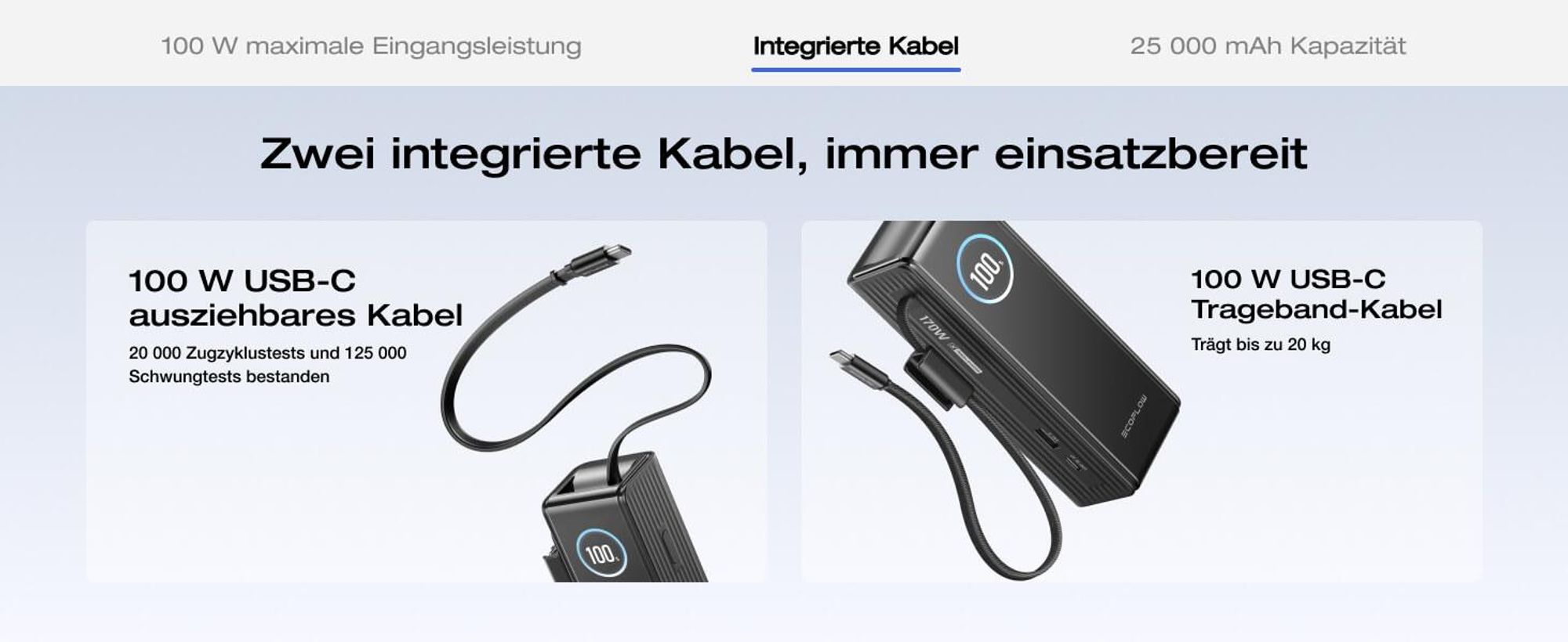 EcoFlow Rapid Powerbank 25 000 mAh 170 W mit 100 W integrierte und einziehbare Kabel, tragbares Ladegerät mit 100 W USB-C Anschluss