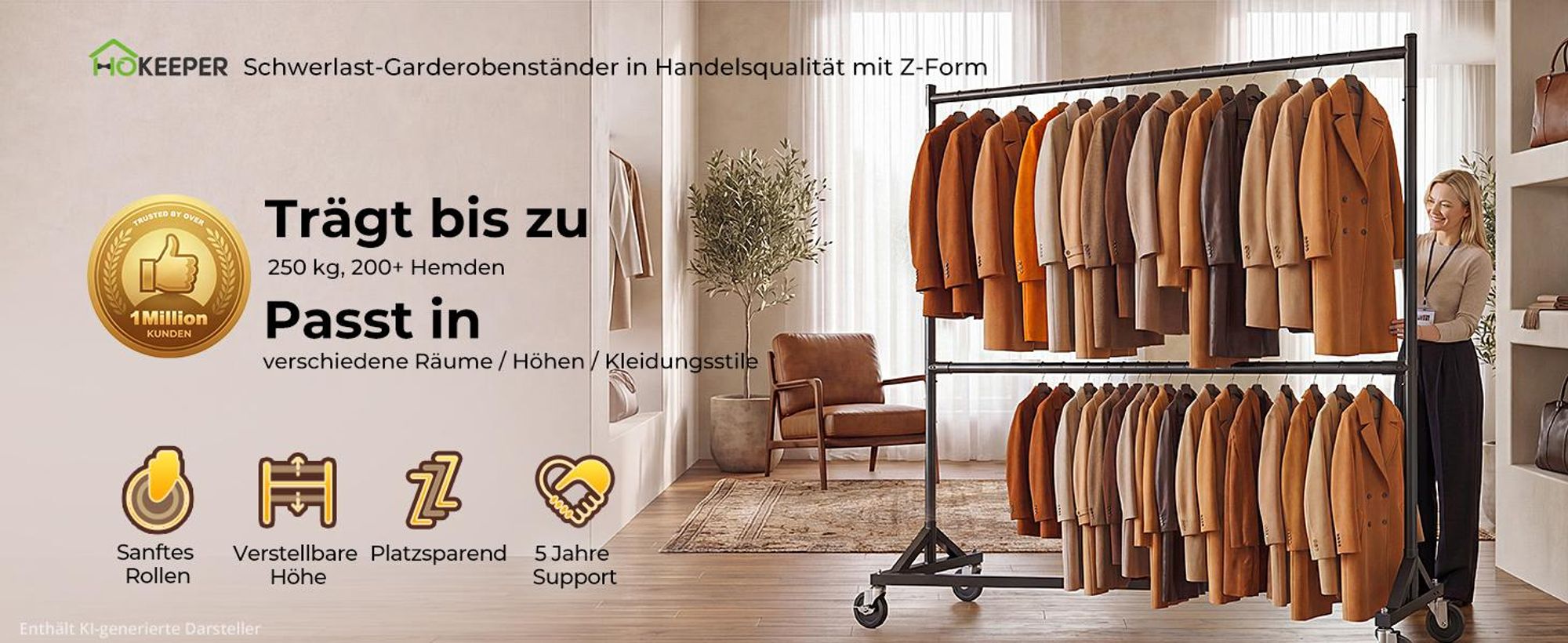 HOKEEPER Kommerzieller Kleiderständer mit Z-Ständer, Tragkraft 250 kg, robuster Schwerlast-Garderobenständer, verstellbarer Kleiderstange auf Rollen,s