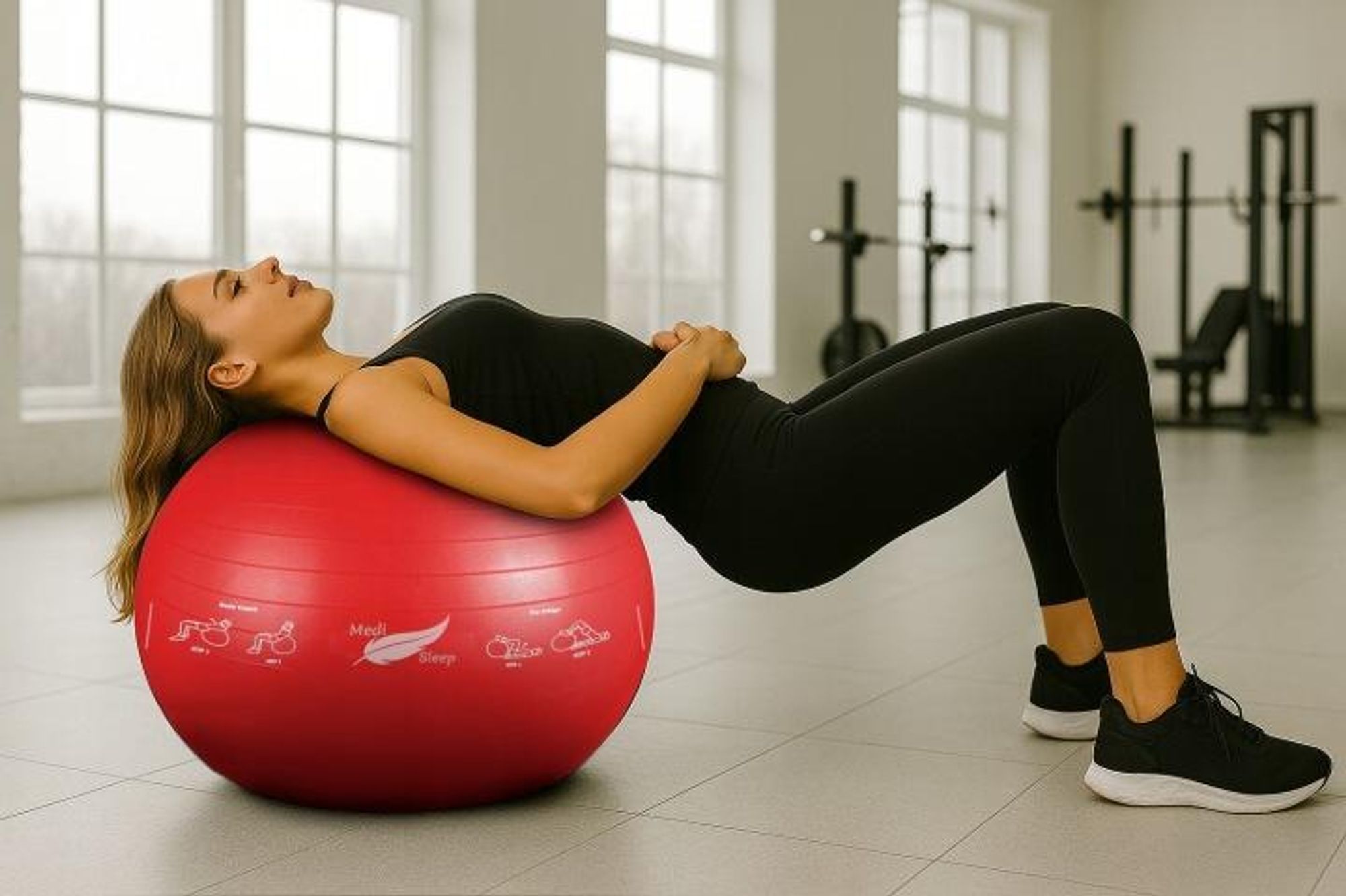 Gymnastikball 65 cm mit Luftpumpe - Sitzball, Trainingsball, Yogaball, Pilatesball - Fitnessball für Core Training mit gezeichneten Übungen - Rot