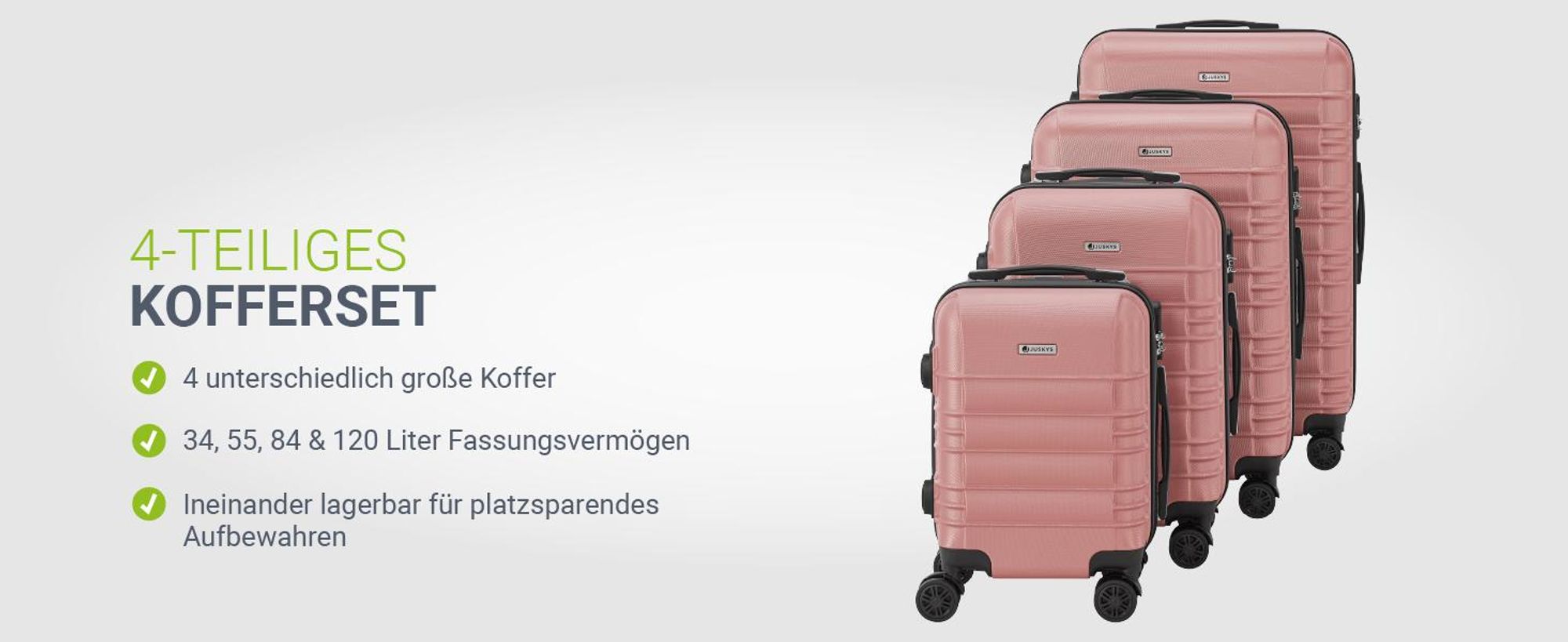 Juskys Hartschale Kofferset Reisekoffer 4 teilig - Zahlenschloss, geräuscharme 360° Rollen groß, Teleskopgriff, leicht - Koffer in Rosa