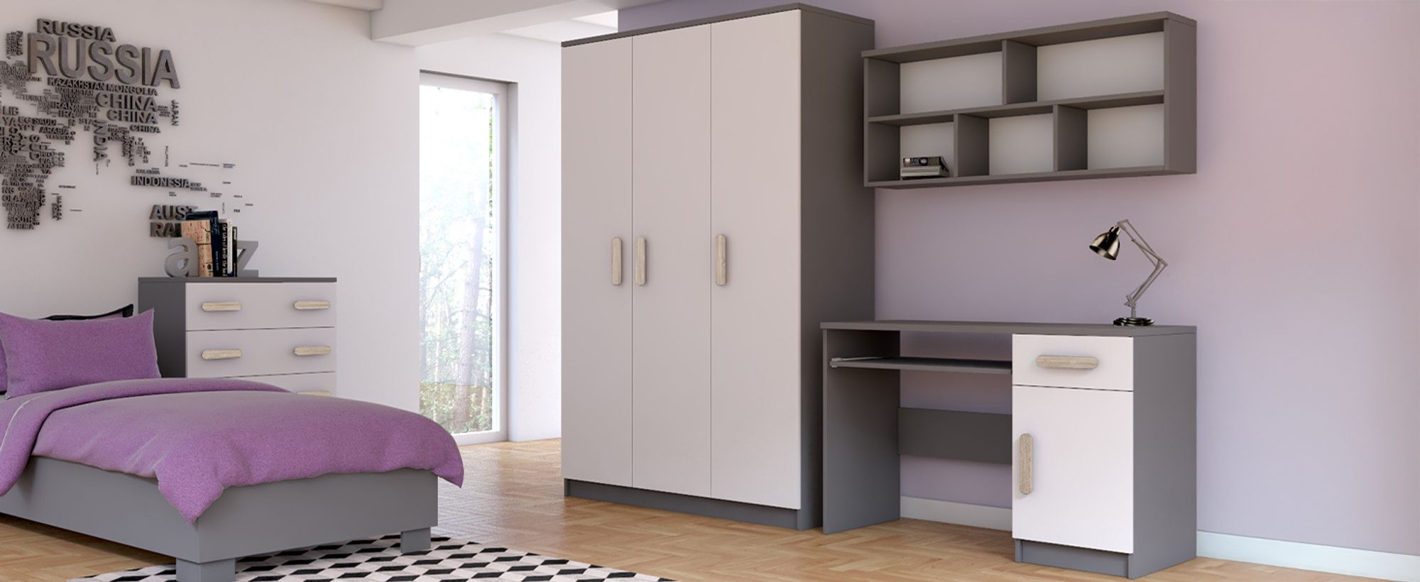 Kinder-Kleiderschrank Drehtürenschrank 120 cm JONAS 19 Grau/Weiß mit Sonoma Griffe