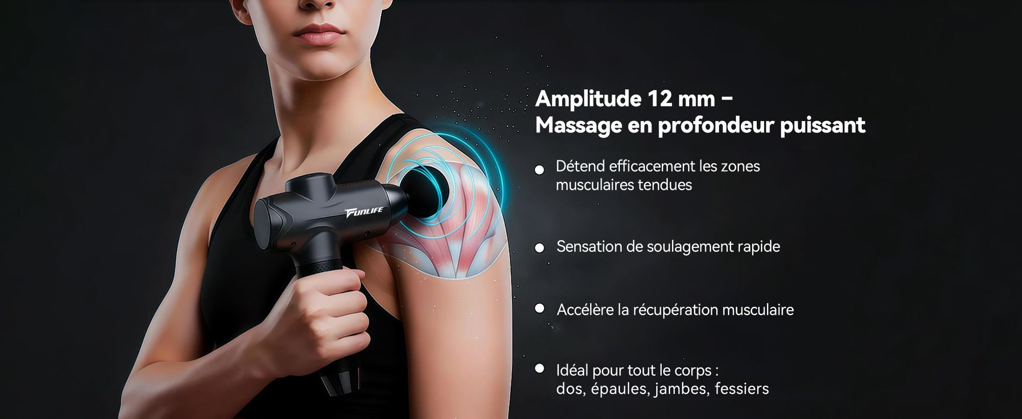 FunLife M6 : Pistolet de massage et de relâchement myofascial – Amplitude de 12 mm, 3200 tr/min, 10 niveaux de puissance, 6 têtes de massage, connecteur USB-C, fonctionnement silencieux (<45 dB), éclairage LED, connecteur USB-C, couleur gris platine