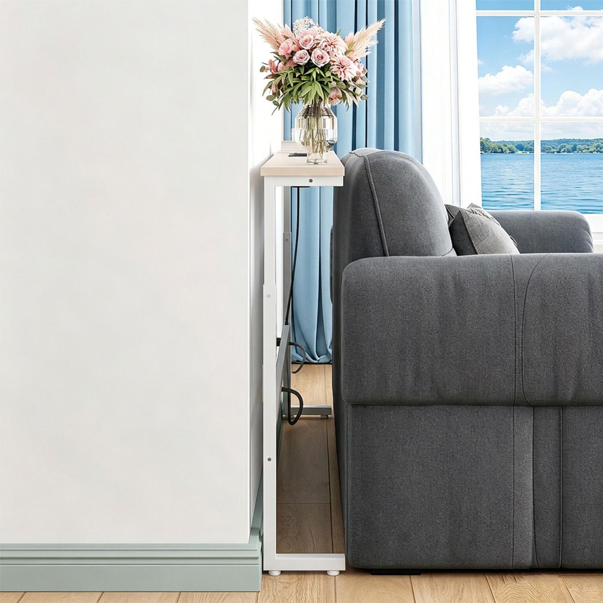 Maclean-Konsole/Beistelltisch mit Ladeleiste weiß mit heller Tischplatte höhenverstellbar von 62 bis 83 cm max. 25 kg Kabel 2,5 m MC-140 W