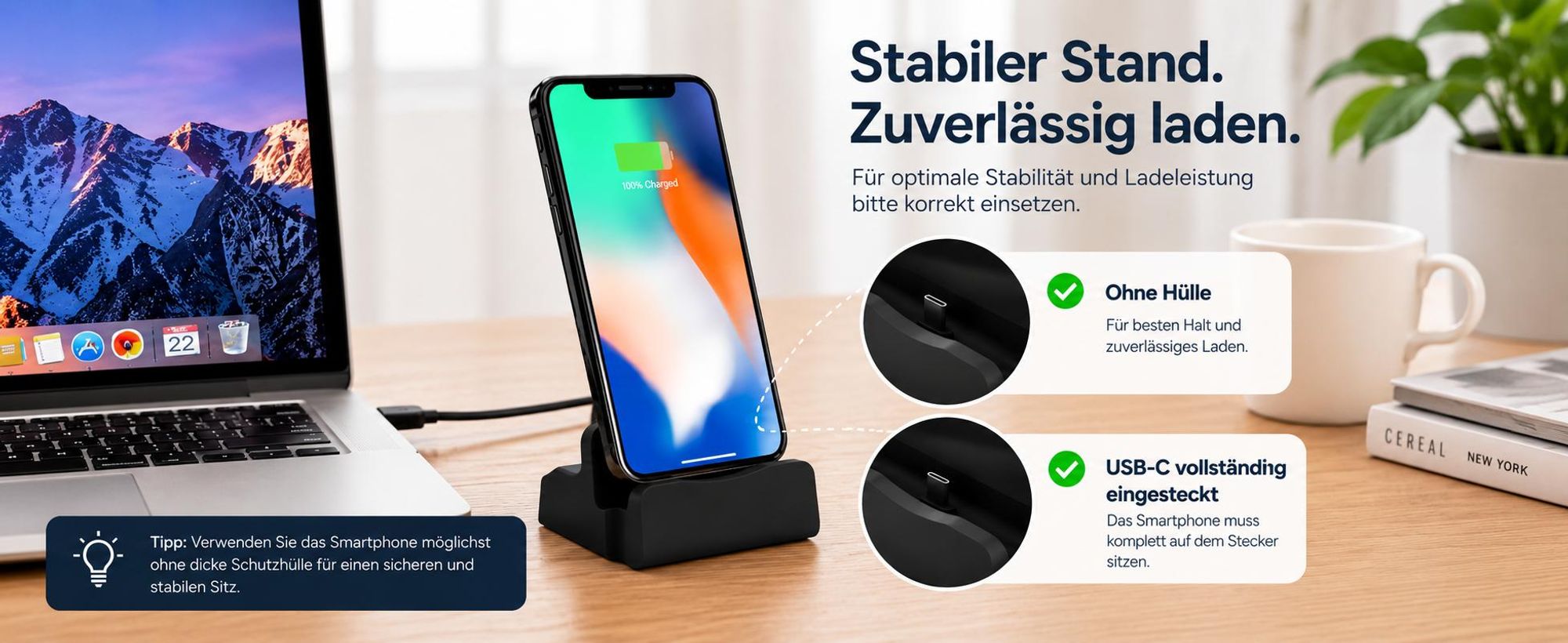 P59C USB-C Dockingstation Ladestation mit 1m Kabel, Lade-Dock Tischhalter für Smartphone Tablet, USB 3.1 Typ C, Laden und Datenübertragung