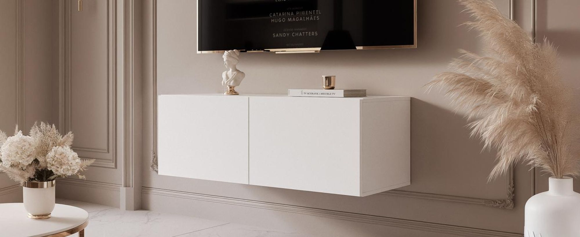 Idohome TV-Lowboard Angel 100 cm Weiß Matt – Fernsehschrank, Wohnzimmer, TV-Schrank, Medienmöbel, Hängeschrank mit LED-Beleuchtung , Push-to-Open