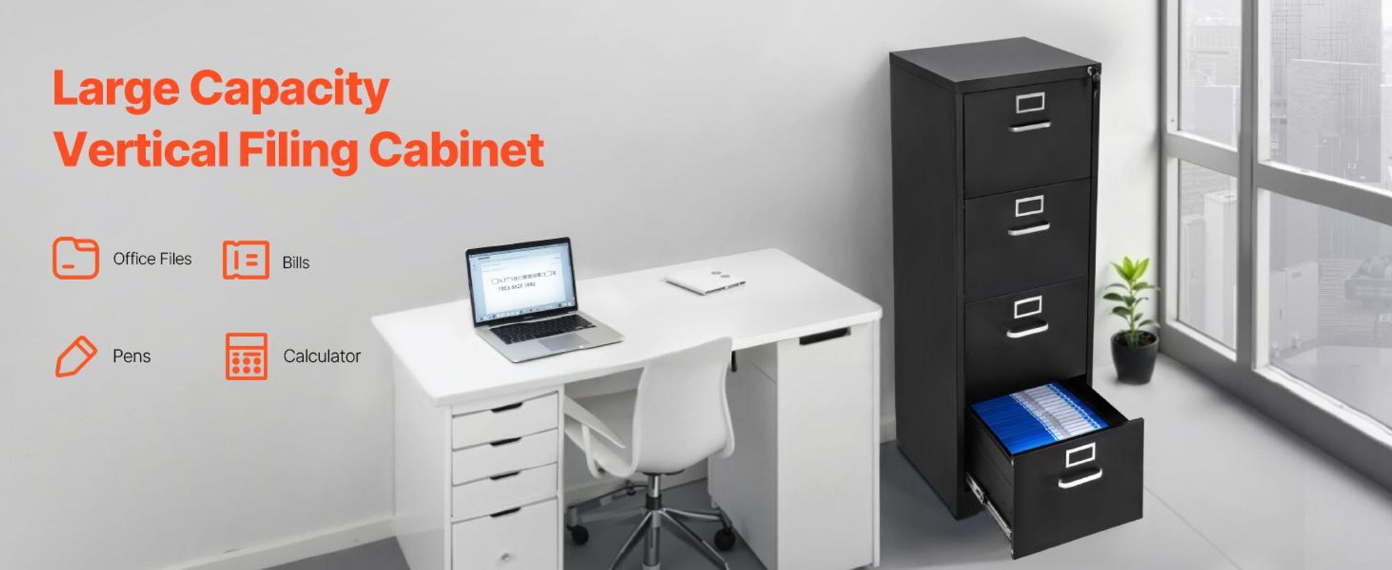 VEVOR Aktenschrank, Vertikaler Büroschrank aus Metall für das Home Office, Lagerschrank Materialschrank mit abnehmbarer Hängestange für A4-Akten (Schwarz)