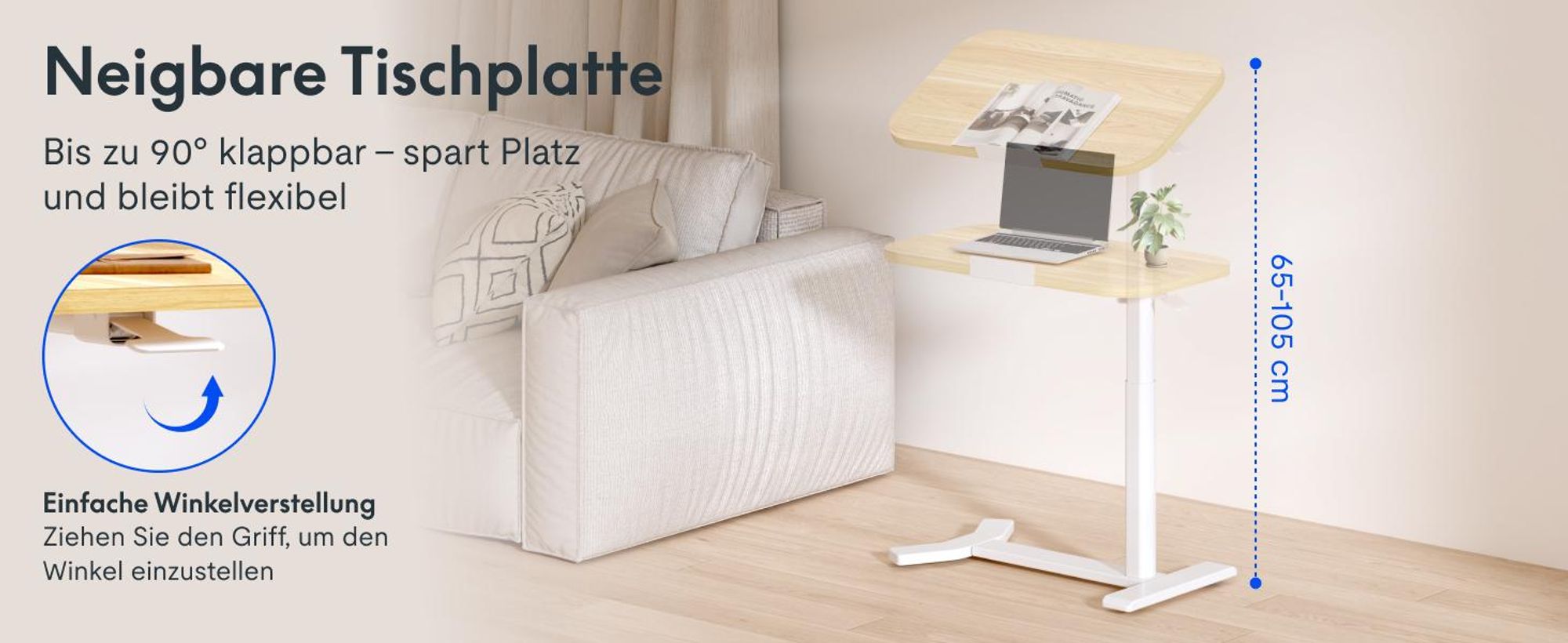 FLEXISPOT Höhenverstellbarer C-Form Beistelltisch – Klappbarer Laptoptisch mit Rollen, Holzplatte, 65–105cm höhenverstellbar Ahorn
