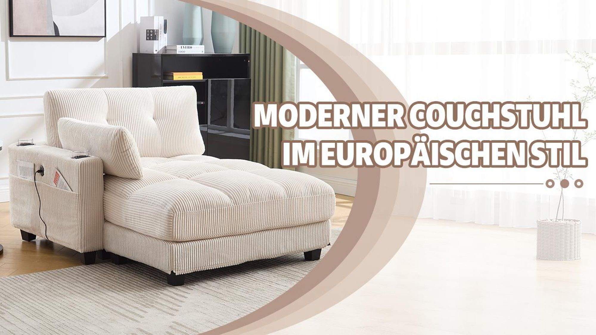 LVHOM Chaiselongue mit USB&Becherhälter, Relaxsessel mit Seitentaschen, Einzelsessel Bodensofa Loungesessel, Rückenlehne verstellbar, Beige