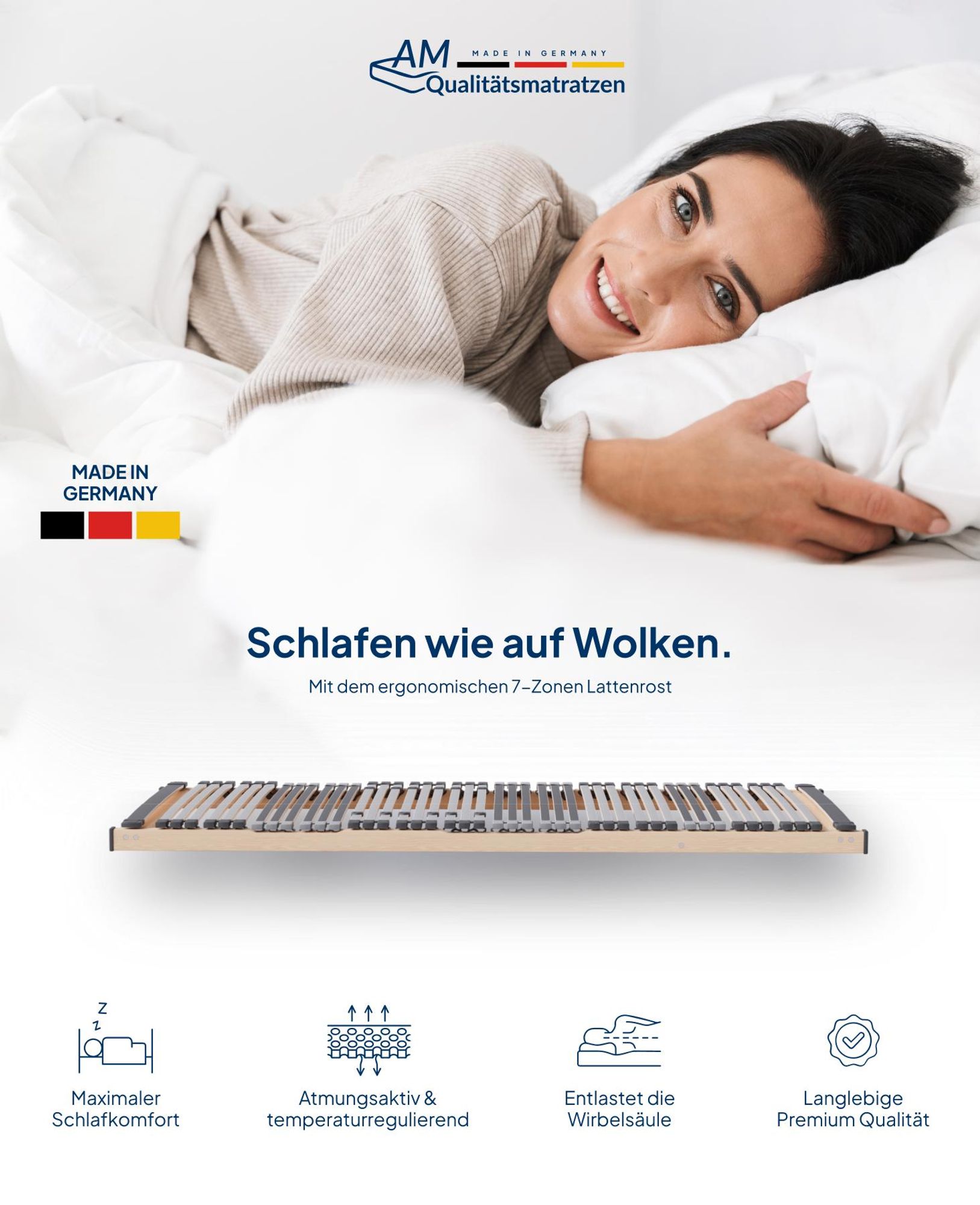 AM Qualitätsmatratzen | Ergonomischer 7-Zonen Lattenrost | 90x200 cm | fertig montiert | 44 Leisten | starr | Lattenrahmen | 90 x 200 cm
