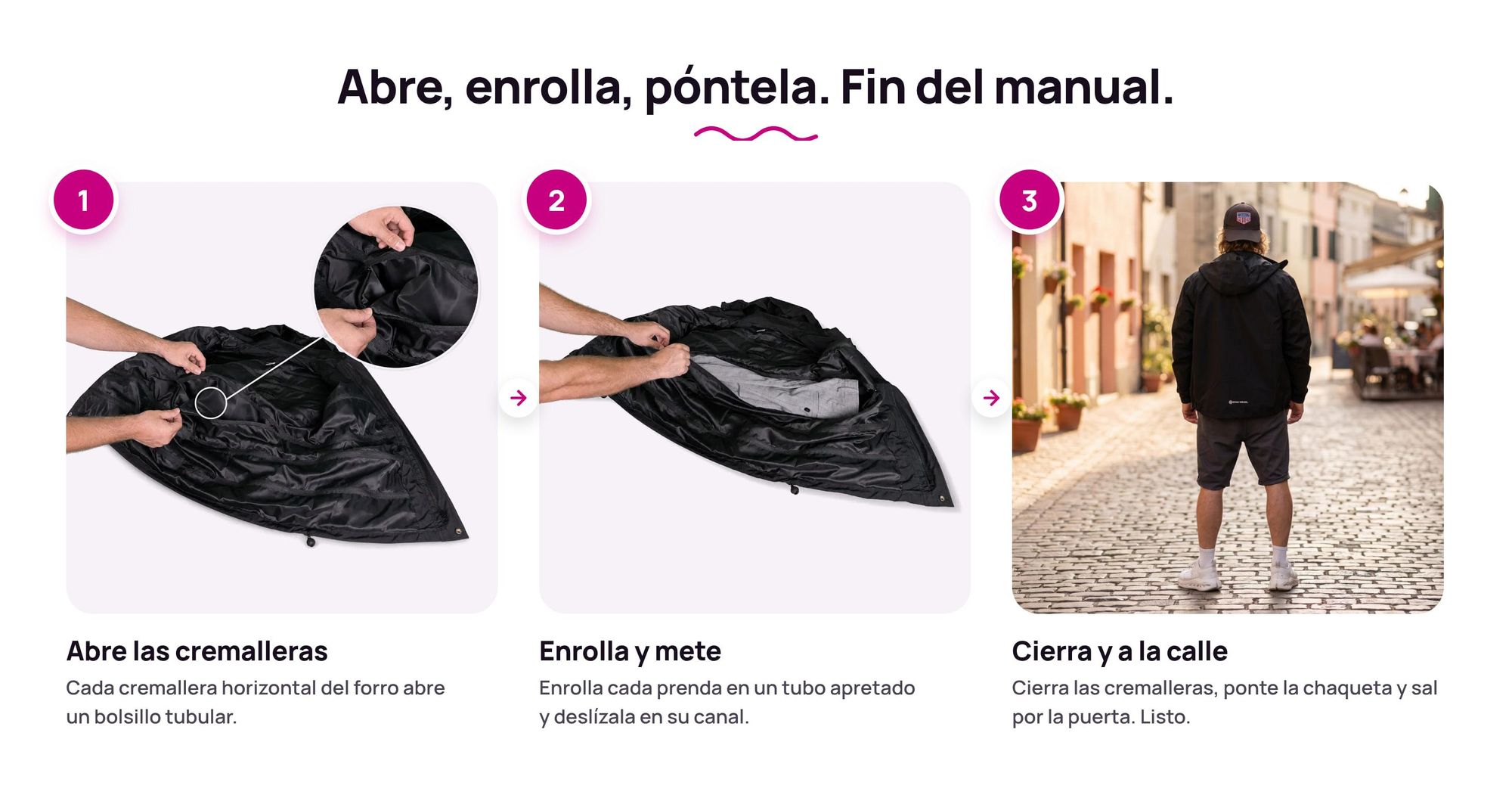 Paso a paso: cómo meter ropa en los bolsillos tubo de la Chaqueta de Equipaje Ryanwear
