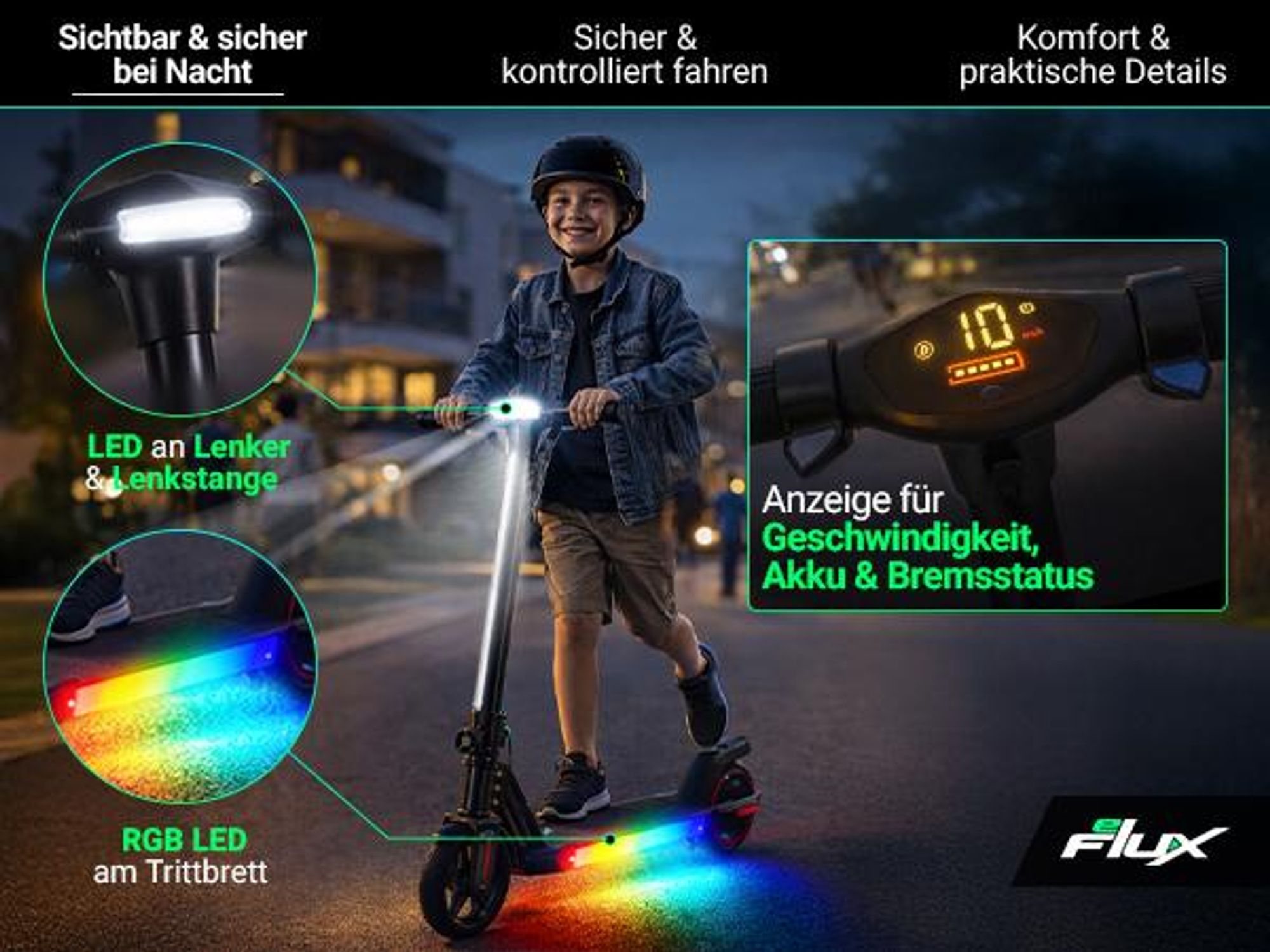 eFlux Kinder Elektroroller K1 | Faltbarer E Scooter - Elektroscooter - LED Display & Beleuchtung - 16 km/h - bis zu 15 km Reichweite - ab 6 Jahre