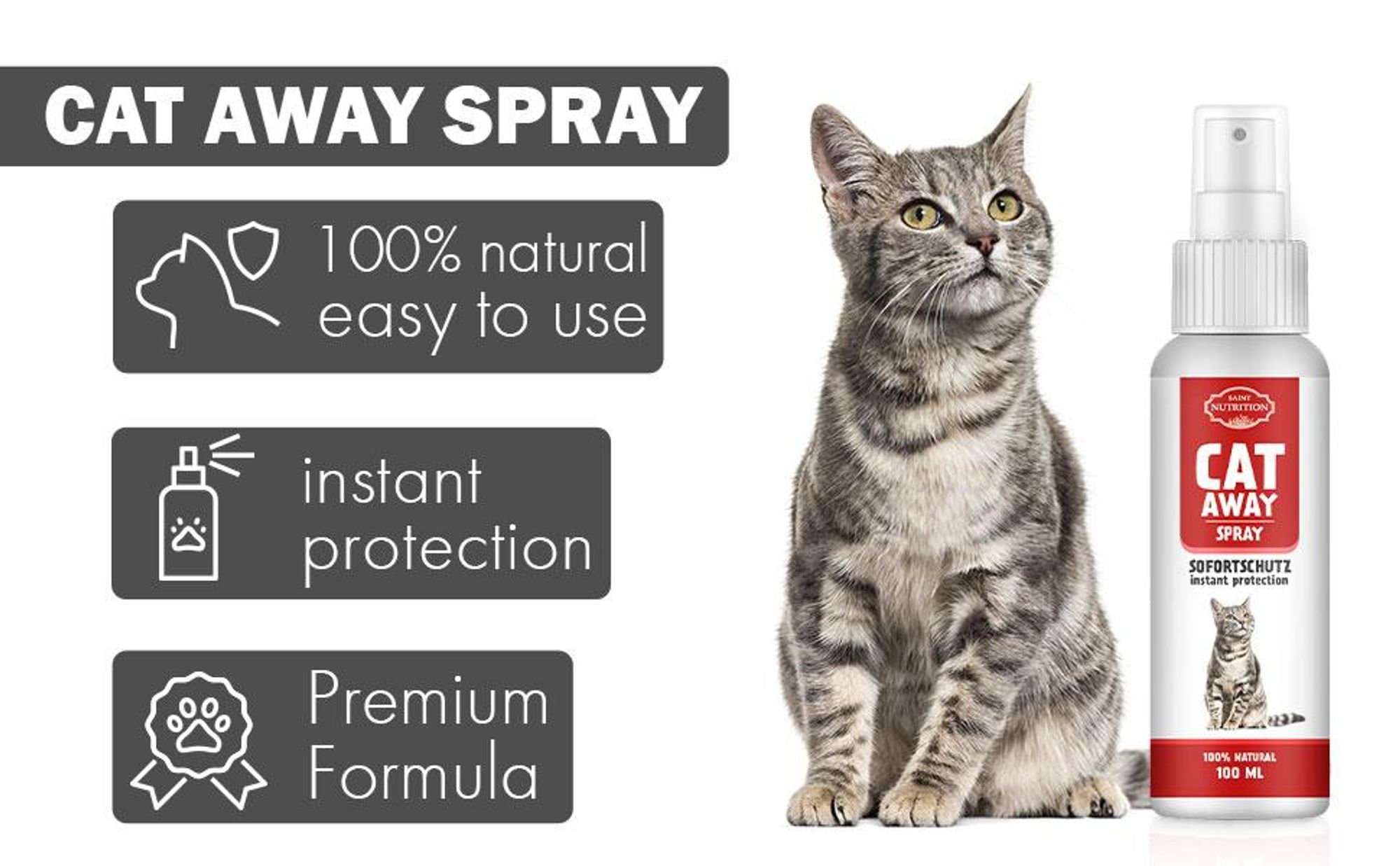 Saint Nutrition® Cat Away Spray – Katzenspray – Fernhaltespray – für Katzen – Anti Kratz Spray - Katzenabwеhr – zum Vertreiben von Katzen