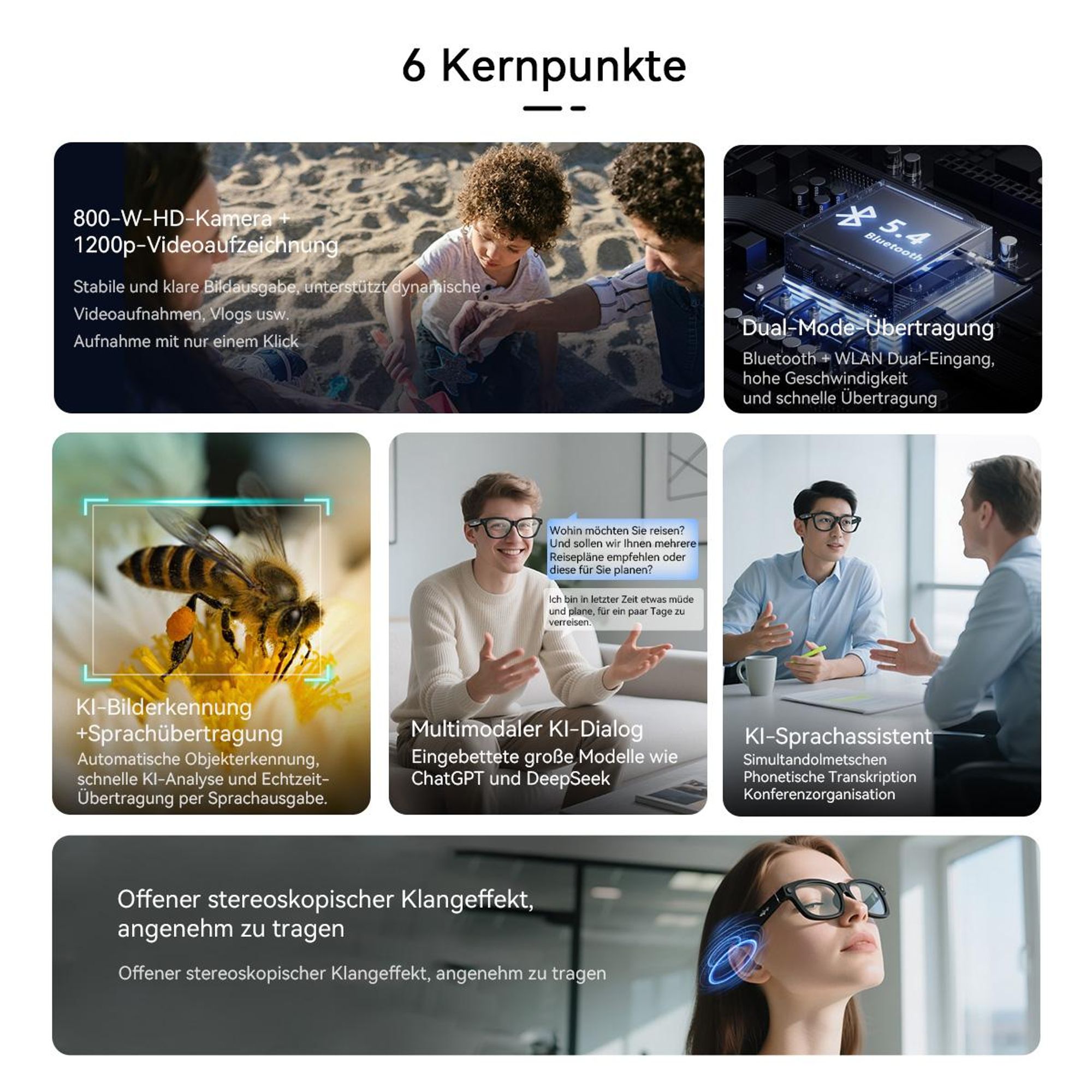Blackview BV100 Smarte Brille mit KI-Assistent, 8MP Kamera & Offenem Audio - Bluetooth 5.4, 51h Musik, Freisprechen, IP54