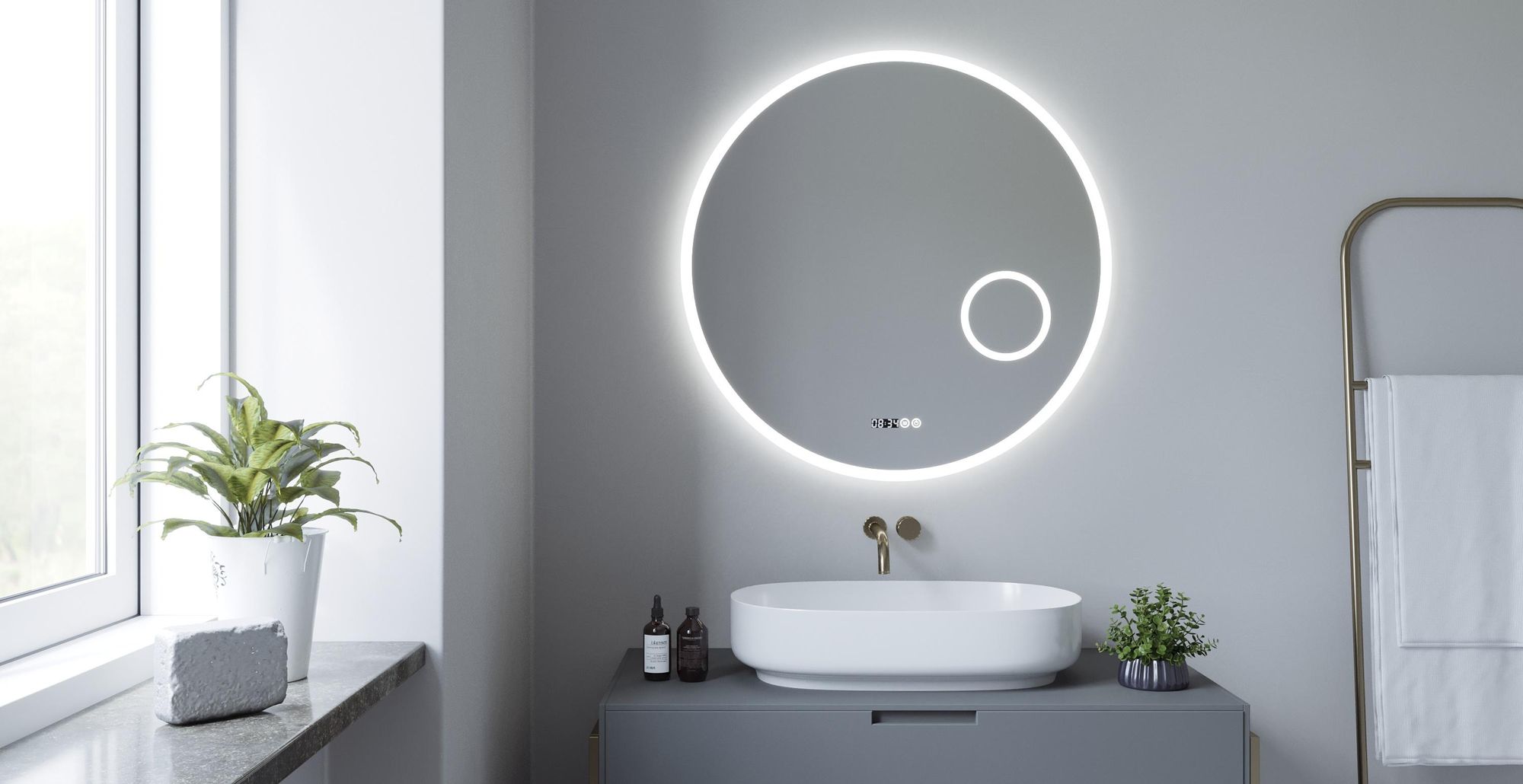 Runder LED Badspiegel 80 cm mit Uhr und Hintergrundbeleuchtung, integriertem Kosmetikspiegel mit 3-facher Vergrößerung, Anti-Beschlag, Touch-Schalter