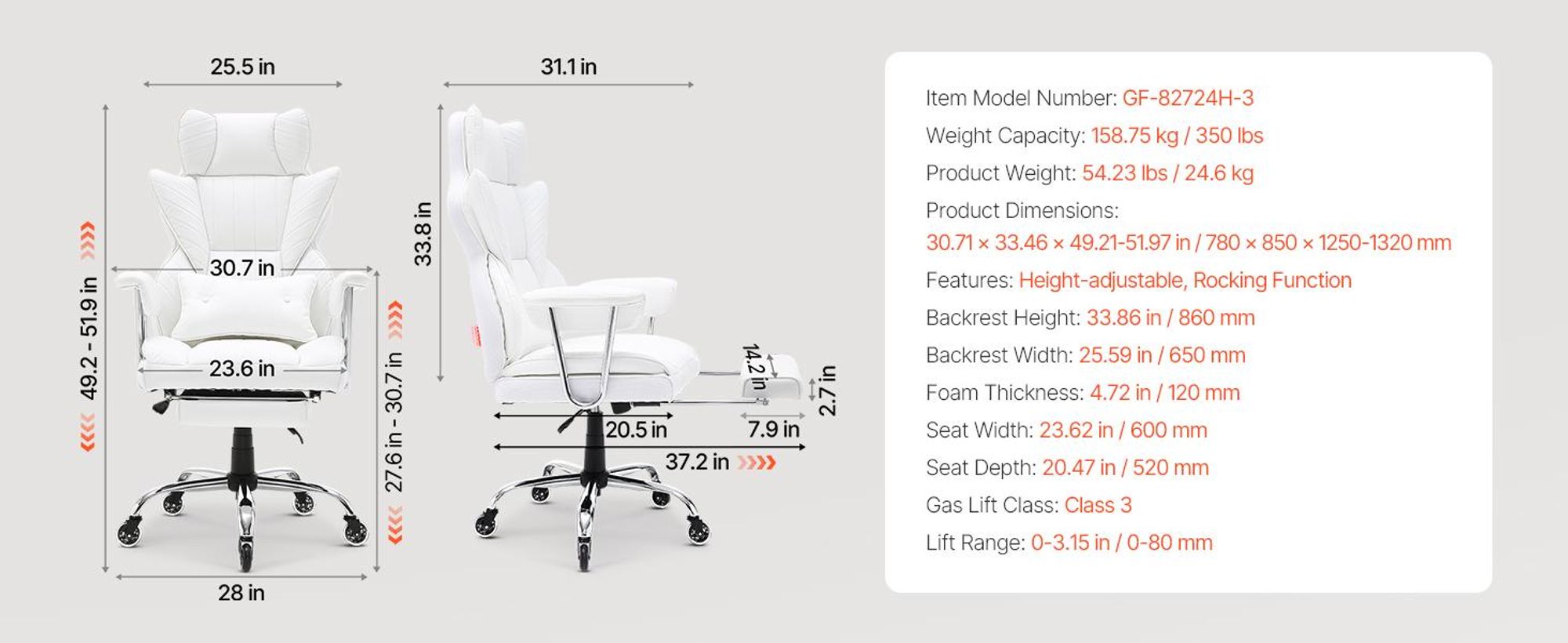 VEVOR Bürostuhl Kunstleder Weißer Chefsessel mit Fußstütze, Schreibtisch Drehsessel Höhenverstellbar 0–80 mm, 181,43 kg Tragfähigkeit, Chefsessel Bürostuhl 860 x 610 mm Rückenlehne Drehsessel