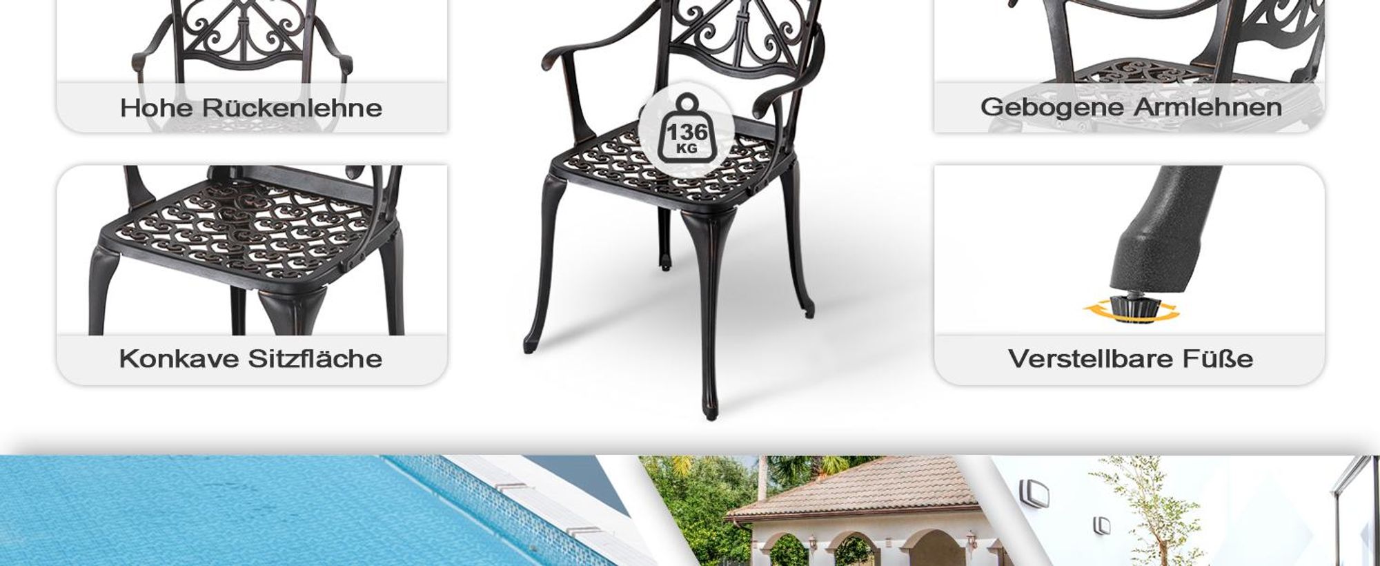 Avestar 3-teiliges Bistro Set aus Aluminiumguss, Gartenmöbel Set, Balkonmöbel, runder Bistrotisch mit 2 Gartenstühlen, Schwarz