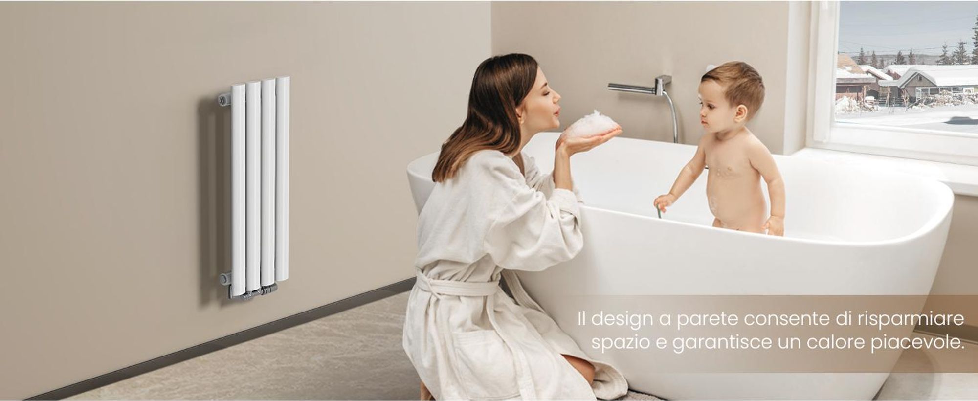 Radiatore tubolare di design EMKE per il funzionamento ad acqua calda con attacco centrale verticale ovale monostrato 177 watt 24 cm x 60 cm bianco senza elemento riscaldante
