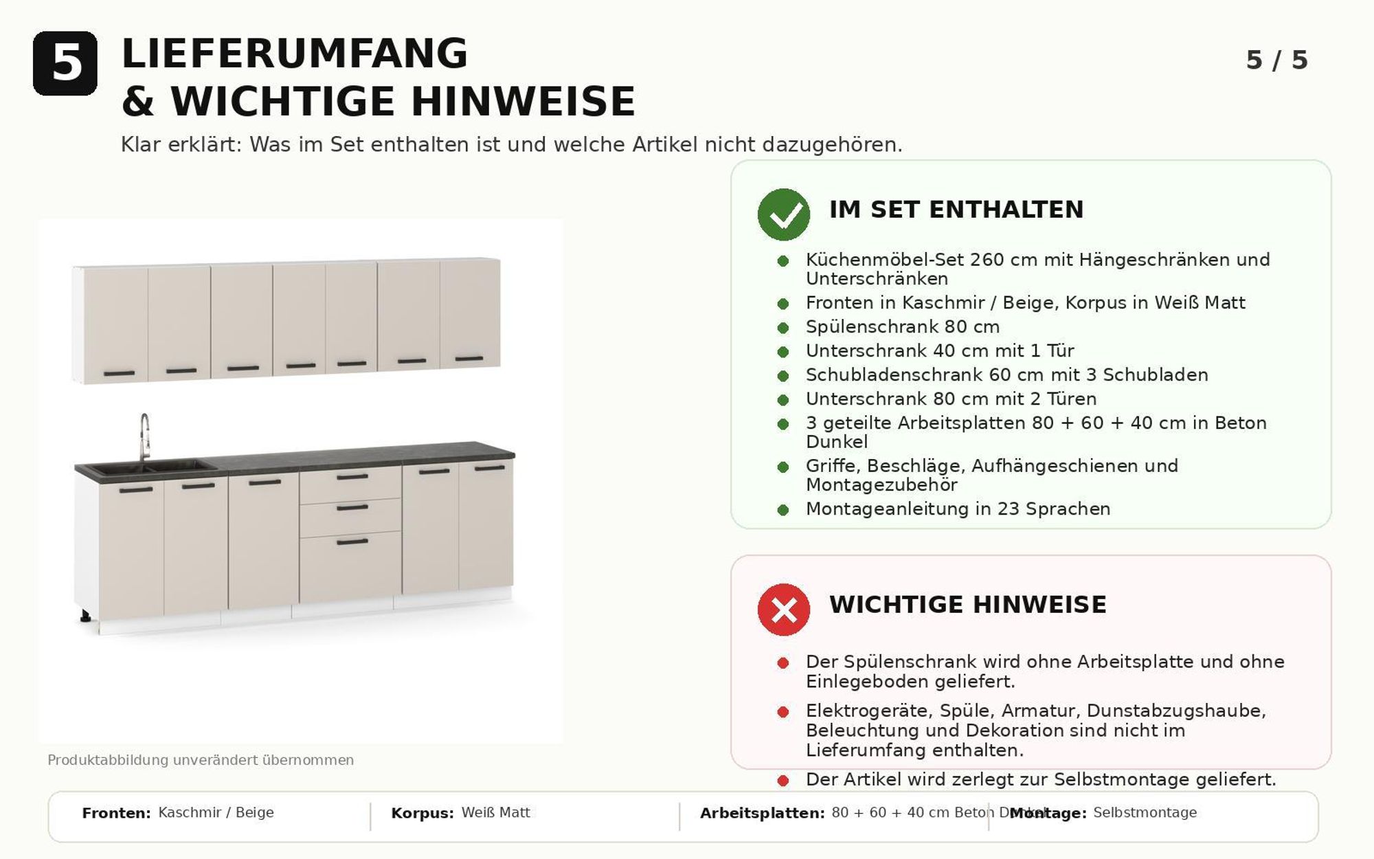 Lieferumfang und wichtige Hinweise zur Küchenzeile 260 cm in Kaschmir/Beige