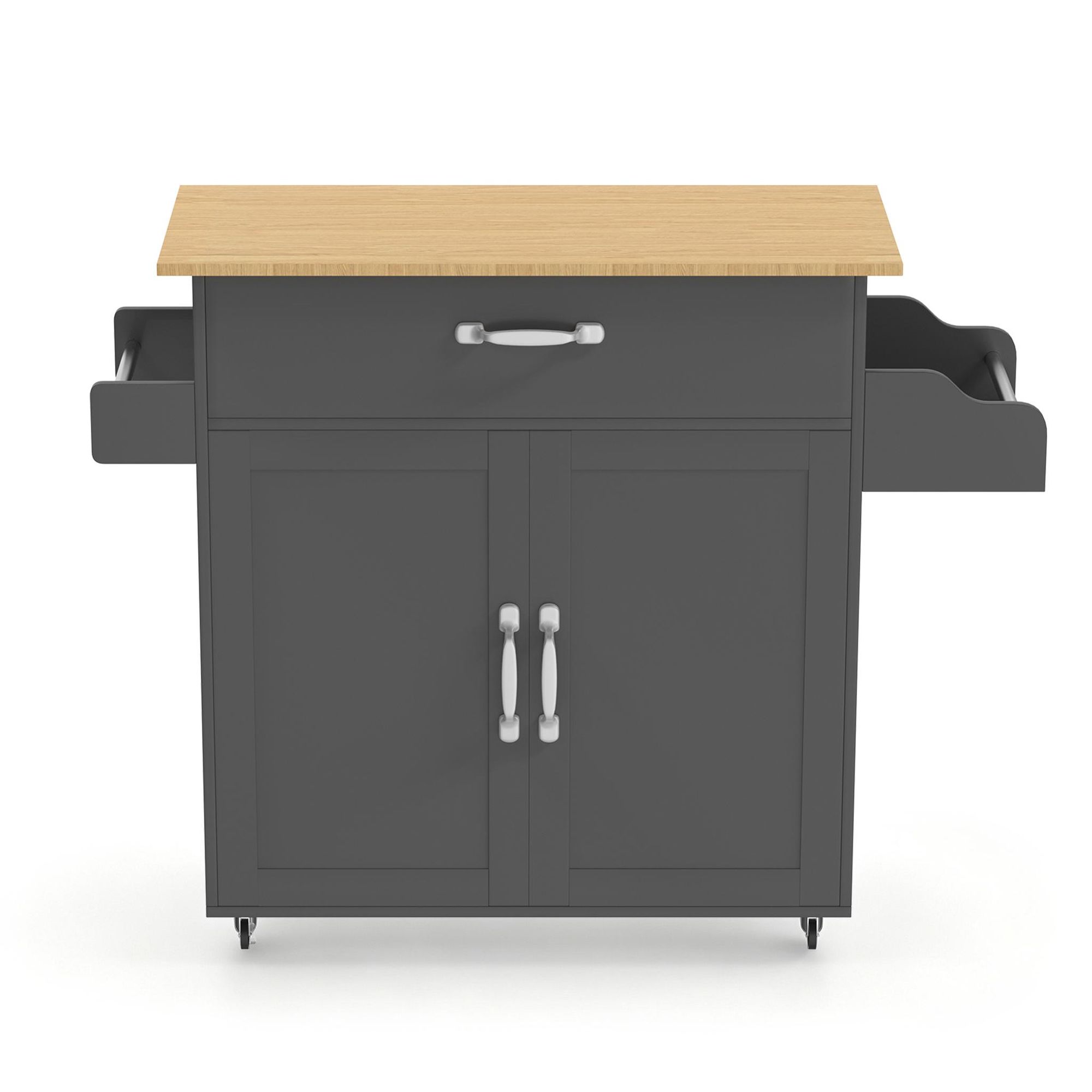 ROSEJANE Küchenwagen mit Holz-Arbeitsplatte, Servierwagen auf Rollen mit Schublade, Schrank & Gewürzregal, mobiler Küchenrollwagen, Weiß, 115 x 36 x 90 cm