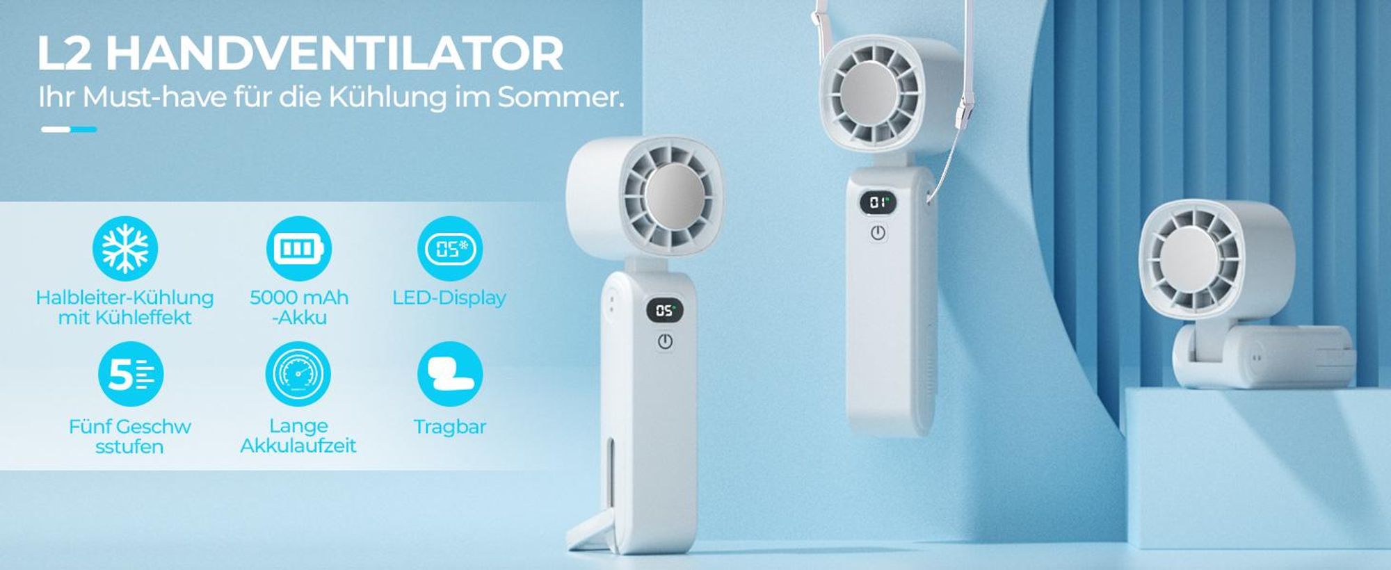 Kühlung Mini Hand Ventilator 5000mAh Akku Aufladbar Lüfter Handheld neck Fan USB