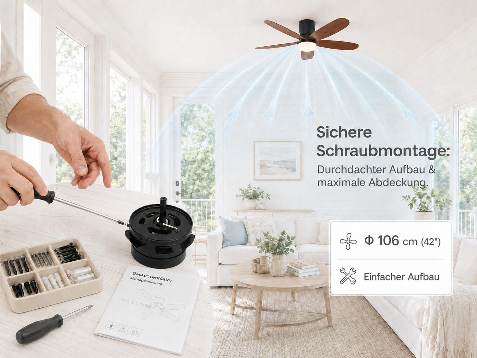 Ø106CM Deckenventilator mit LED Beleuchtung Smart App Fernbedienung Dimmbar 6 Windstufen, 3 Modi, Timer, 35W Leise LED Deckenleuchte mit Ventilator