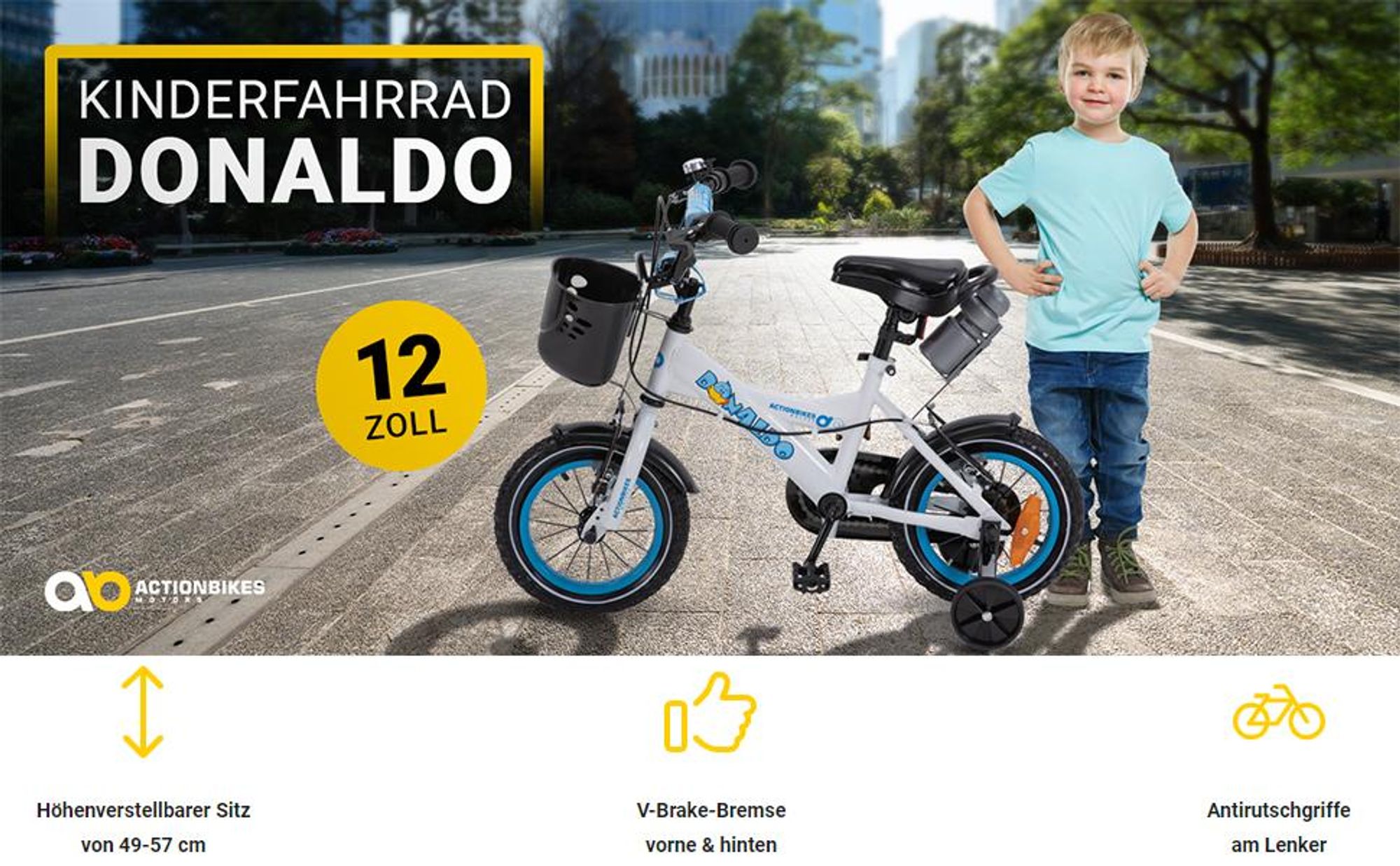 Actionbikes Kinderfahrrad Donaldo 12 Zoll | Kinder Fahrrad - V-Brake Bremsen - Kettenschutz - Fahrradständer - Fahrradkorb - 2-5 Jahre (Blau/Weiß)