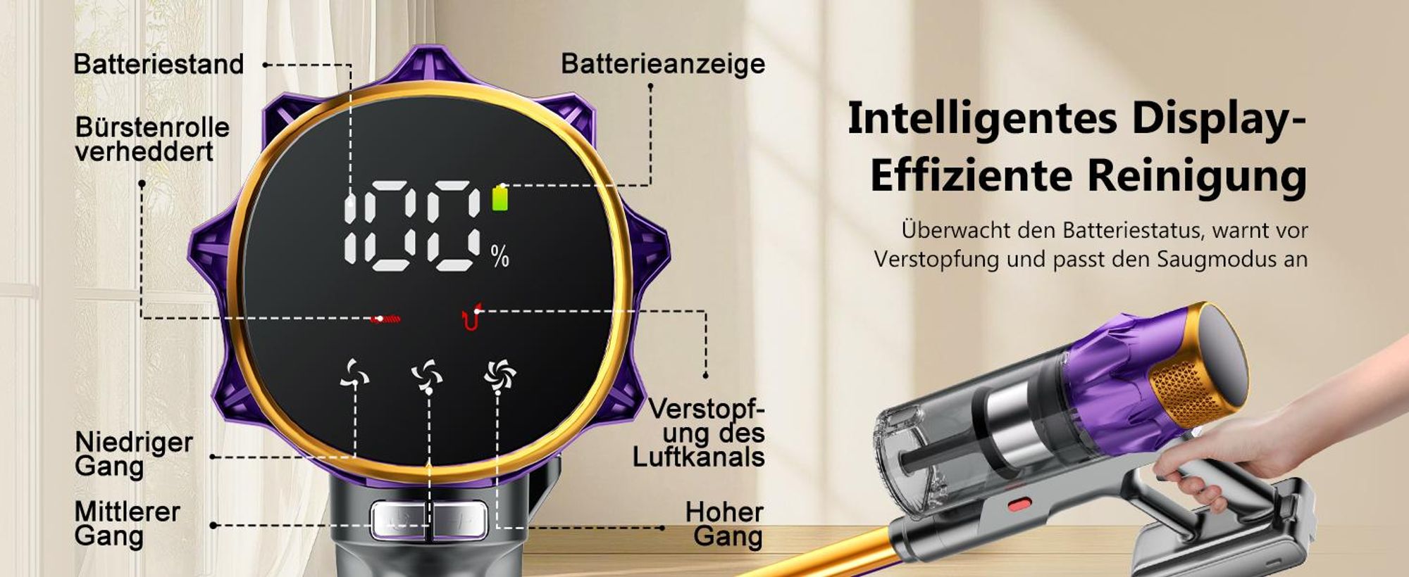 Hiazurm Akku Staubsauger, 85000Pa Staubsauger kabellos mit Touchscreen, HEPAx4, 80Min, Schlauchbürste, Staubsauger, 2L, Anti-Tangle-Staubsauger