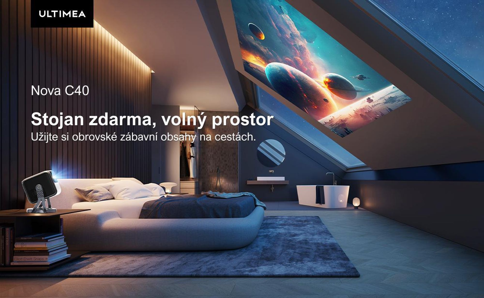 ULTIMEA Smart Beamer Android TV 11.0 s Netflixem, filmový projektor s podporou 4K, 90° kardanový design, 600 ANSI Full-HD, HDR10 a HLG, Bluetooth