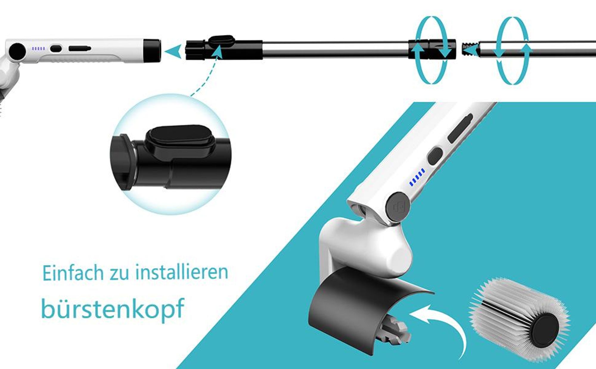 Elektrische Reinigungsbürste mit 4 Aufsätzen – 2 Geschwindigkeiten, wasserdicht (IPX7), kabellos & teleskopierbarer Stiel, für Bad, Küche,Fliesen,Auto