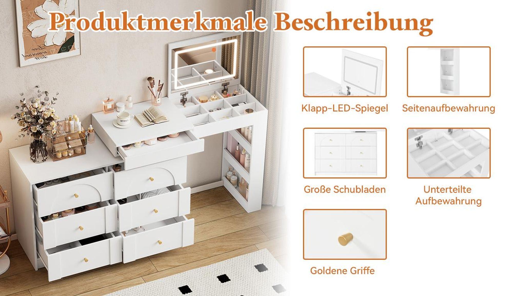 Flieks Schminktisch mit Drehbarem Beistelltisch, Schminkkommode mit Led, Frisierkommode Frisiertisch mit Schubladen und Regal, Weiß
