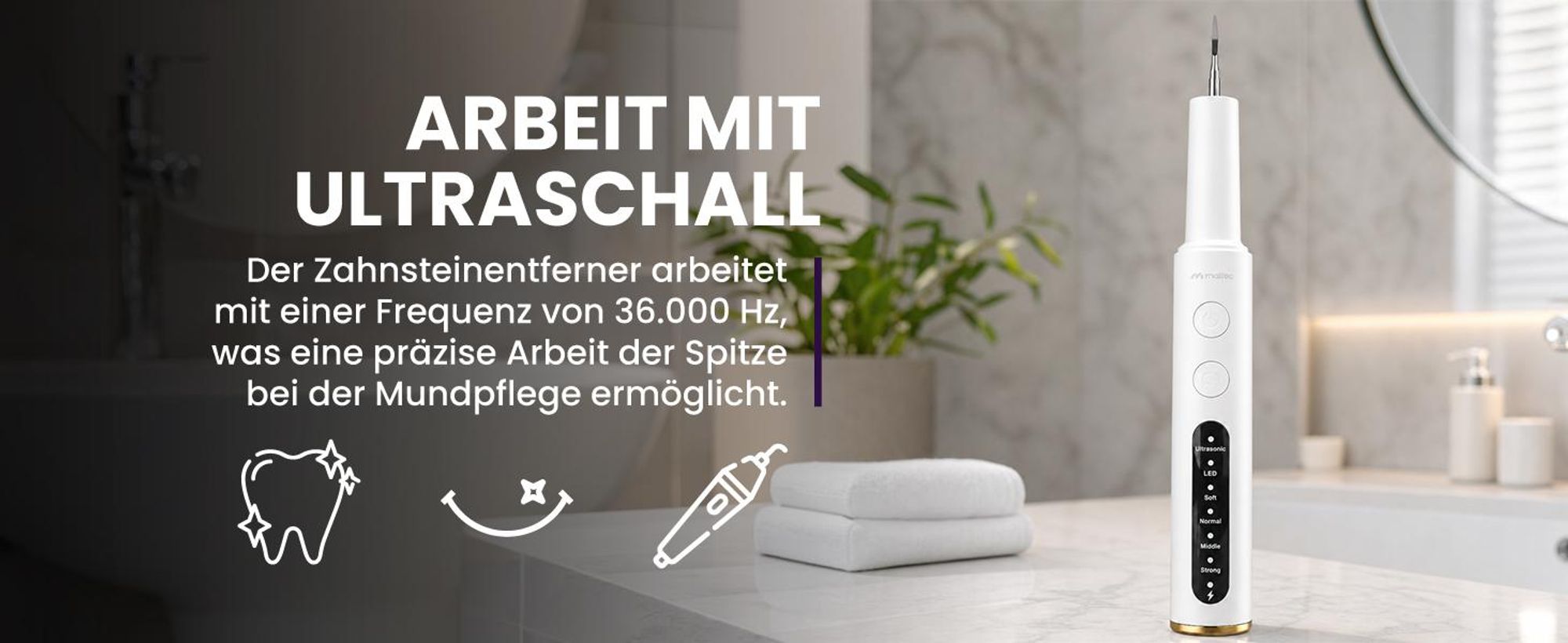 Zahnsteinentferner Ultraschall MalTec Zahnreinigung Set 36.000 Hz, LED-Beleuchtung 4 Modi Akku 1200 mAh Zahnreiniger mit 4 Aufsätzen