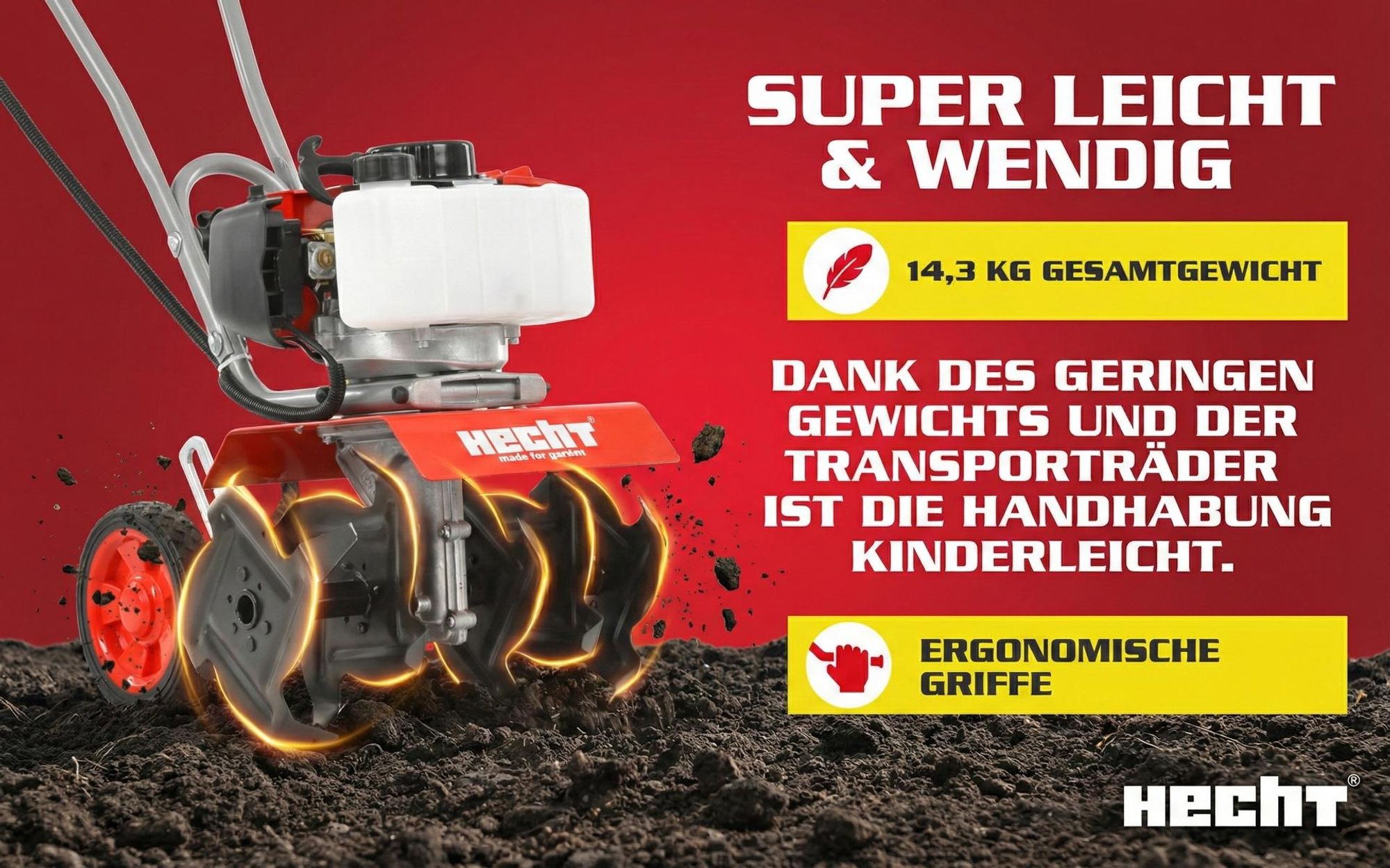 HECHT 752 Motorhacke Benzin | 25 cm Arbeitsbreite | 19,5 cm Arbeitstiefe | 2 PS | 2 Takt | 51,7cm³ | 16 Messer