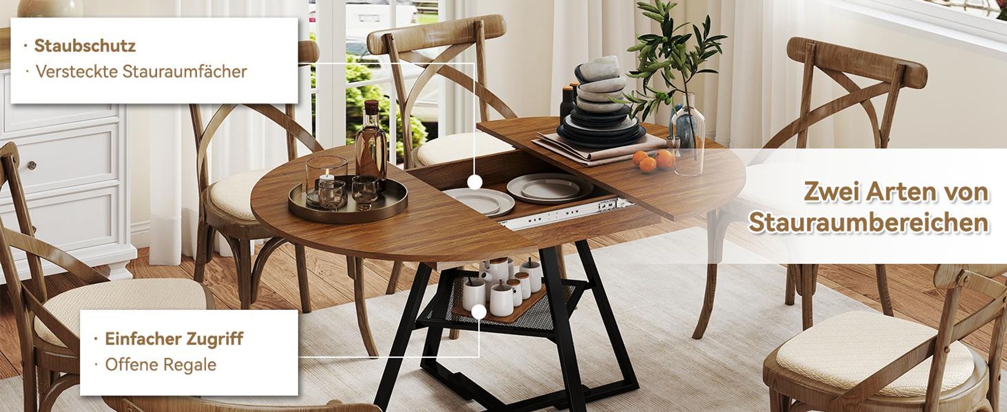 Puluomis Ausziehbarer Esstisch mit Stauraum, 100-130cm für 2-6 Personen, versteckte Fächer, offene Regale,120kg Tragkraft, für Wohnzimmer, Esszimmer