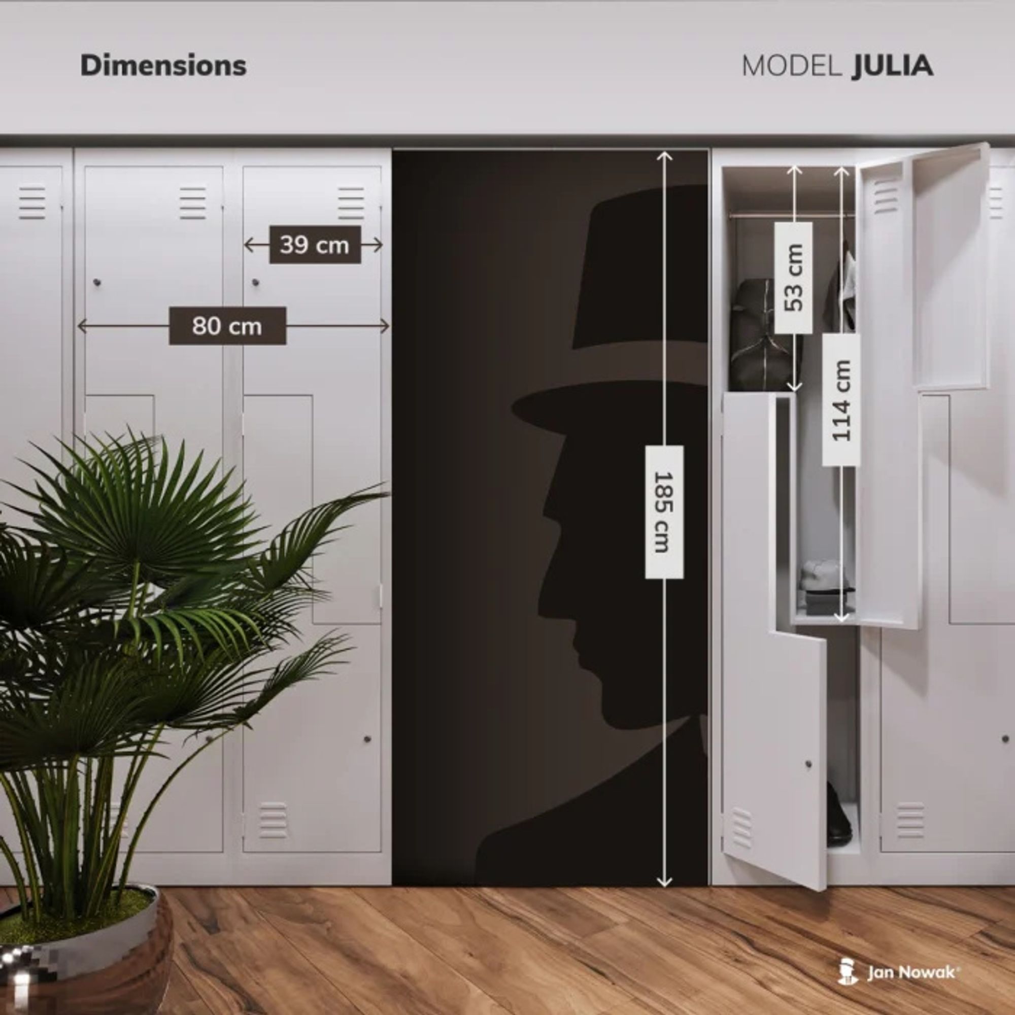 Jan Nowak Umkleideschrank Z02 Spind mit 4 Abteilen Kleiderspind Metallschrank Flügeltür Lüftungsschlitzen Pulverbeschichtung 185 cm x 80 cm x 45 cm Farbe: Grau