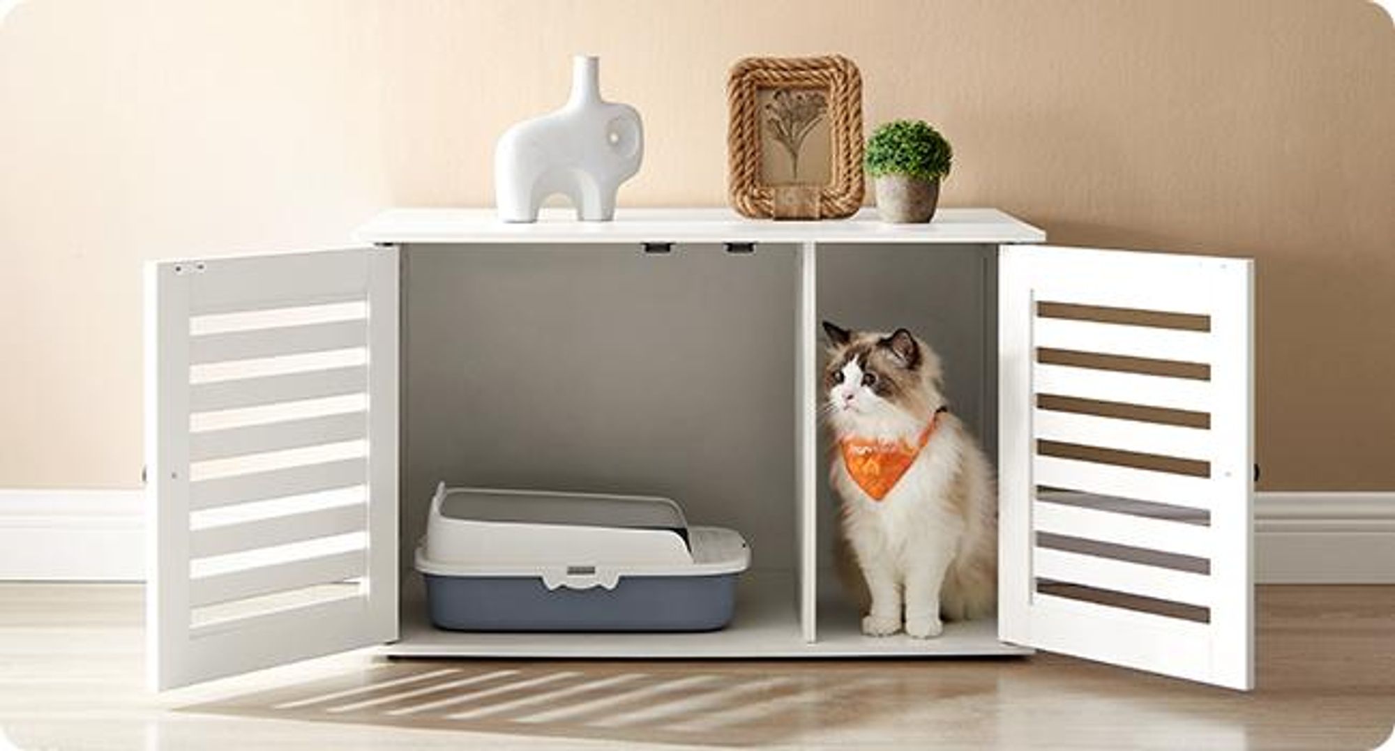 FEANDREA Katzentoilette, 80x53x49,2cm, stark, langlebig, mit zwei Lamellentür wolkenweiß