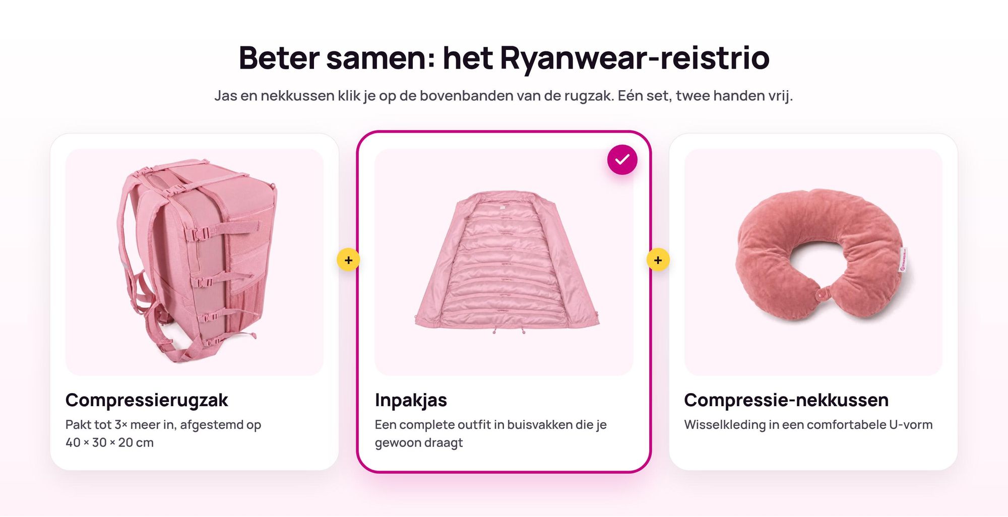 Ryanwear Compressierugzak met de Inpakjas en het Compressie-nekkussen bovenop vastgeklikt