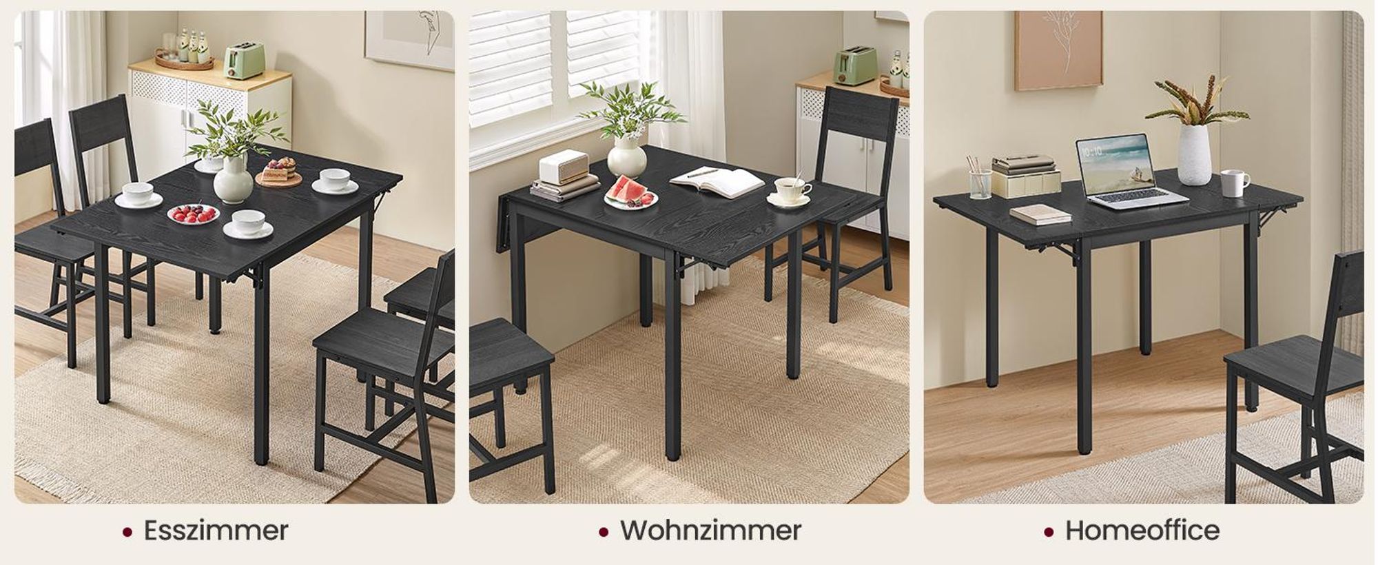 VASAGLE Esstisch, klappbarer Küchentisch für 2-4 Personen, für kleine Räume, Schwarz