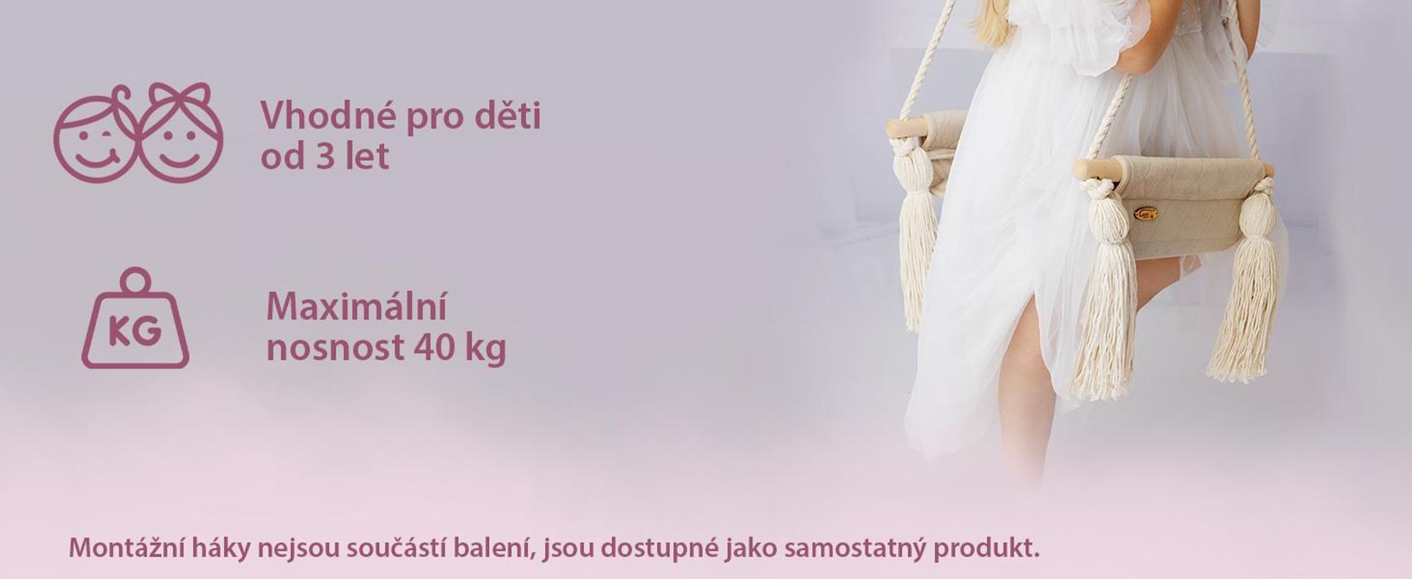 Create For You® - Dřevěná Houpačka Pro Děti S Bavlněným Lanem, Dětská Houpačka, Vnitřní Sedadlo S Měkkým Materiálem, Výškově Nastavitelná, Růžová
