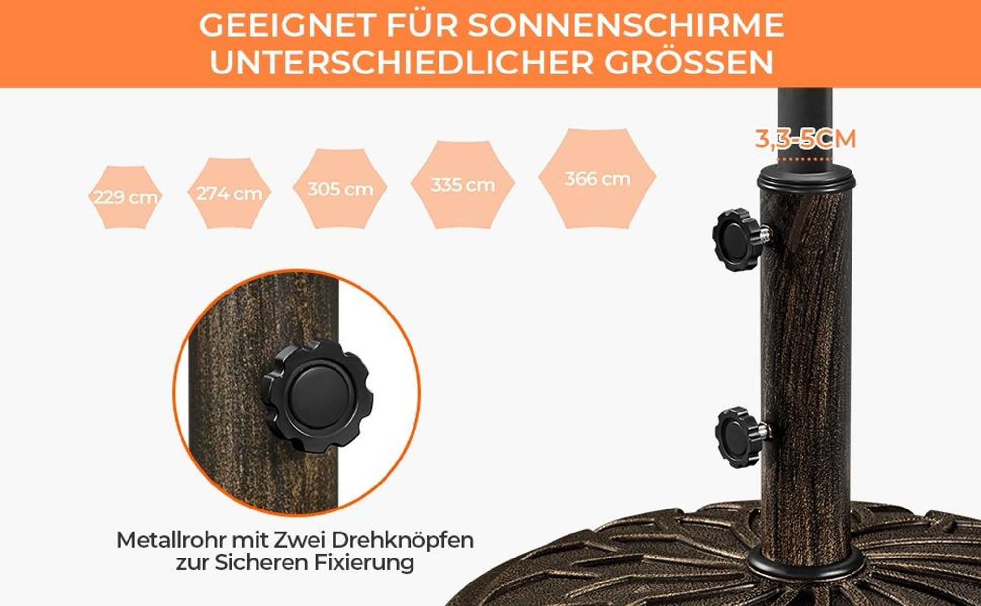 Yaheetech Sonnenschirmständer mit Rollen 20,6 kg, für Schirmstangen von ø34/38/48 mm, für Garten/Balkon/Strand, Bronze