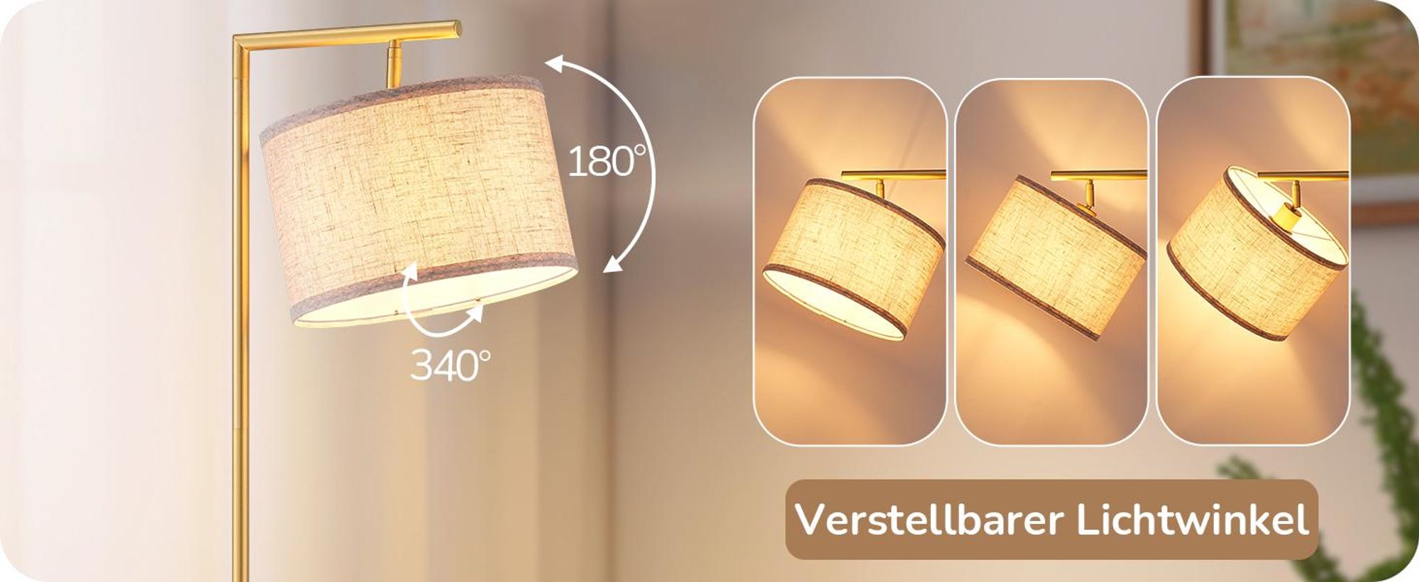 EDISHINE Stehlampe Wohnzimmer Gold, Bogenlampe mit Verstellem Leinen Lampenschirm, Leselampe mit E27 LED Leuchtmittel und Fußschalter, 160cm