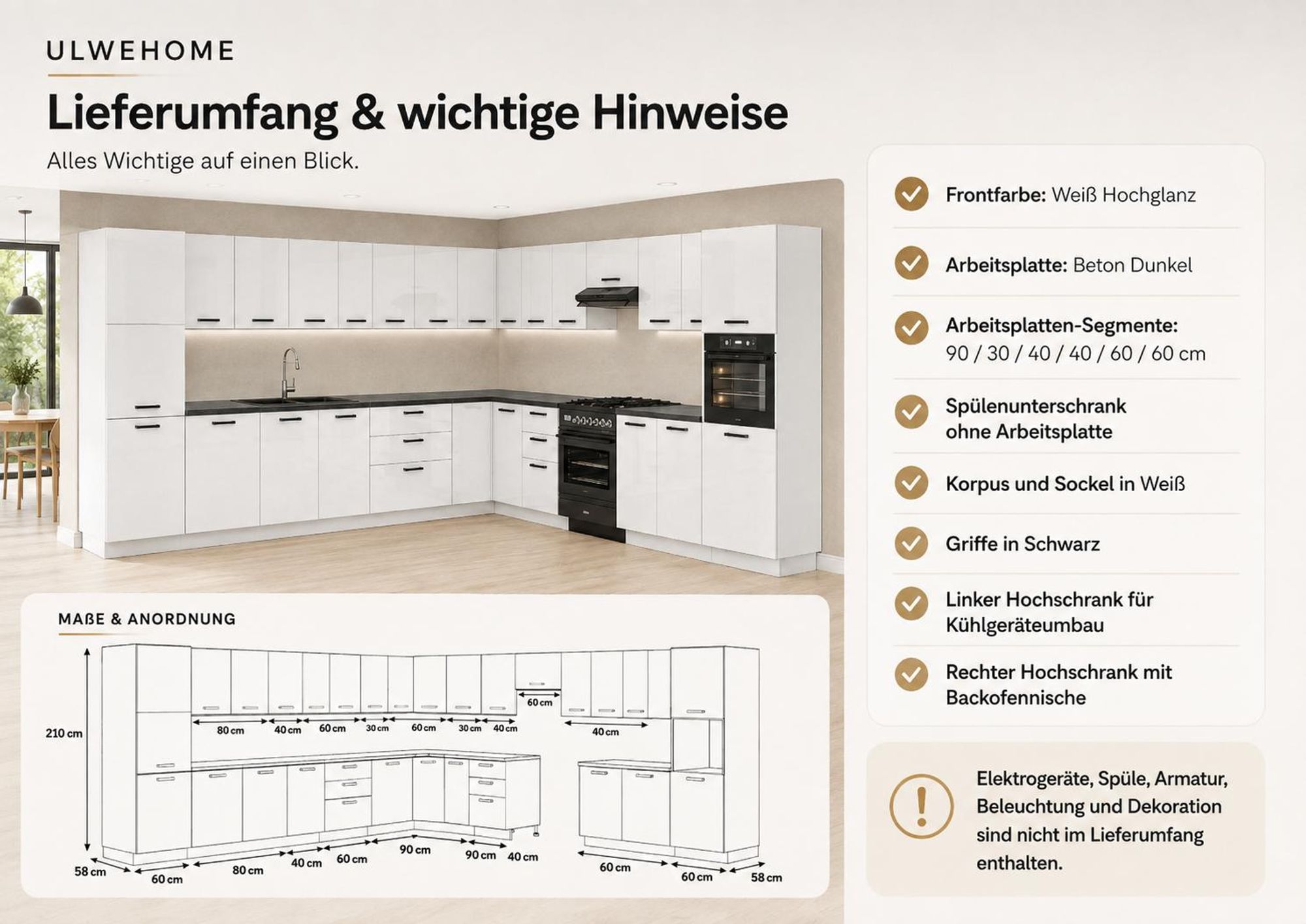 Stauraum der Eckküche mit Hochschränken, Hängeschränken, Unterschränken und Schubladen.