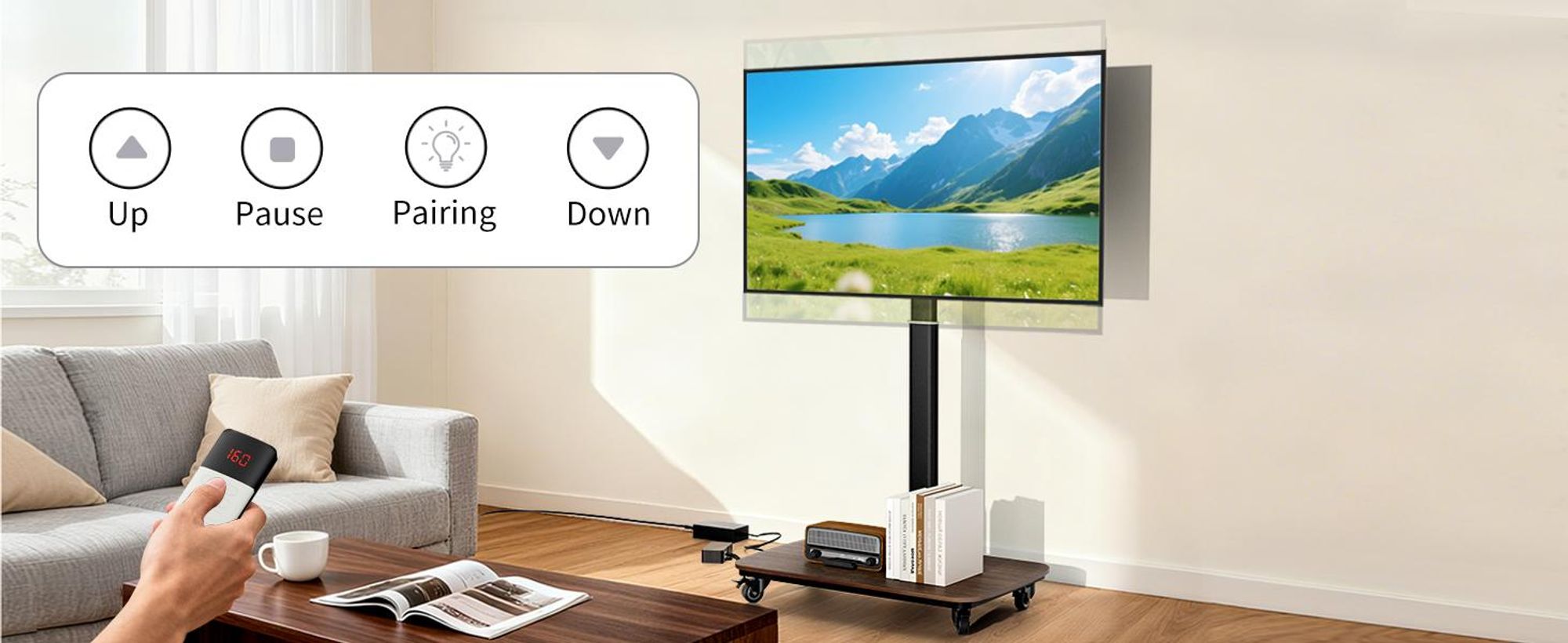 WISFOR TV Standfuss Fernseher Ständer Mit Fernbedienung, Motorisierte Höhenverstellung, rollbar, für 40-77" Flach LED LCD Monitor, 600x400mm, bis 60kg