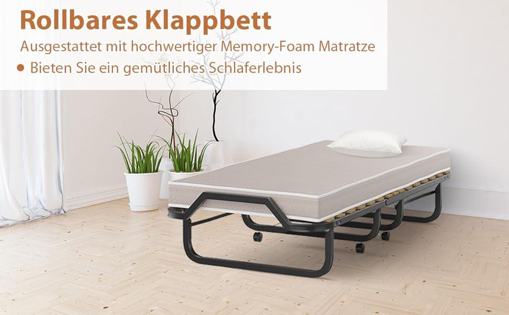 COSTWAY 90x200cm Gästebett klappbar mit Matratze bis 120kg, auf Rädern
