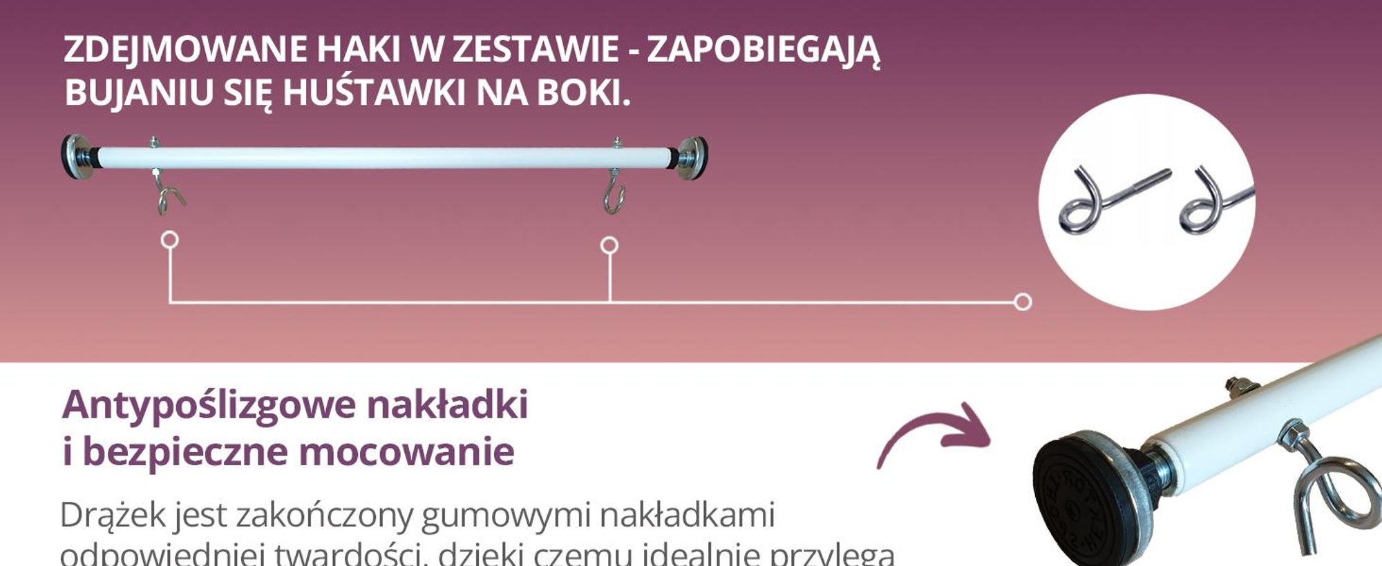 Create for you® - Drążek do Podciągania z Hakiem do Huśtawki Dziecięcej - Sprzęt Fitness do Domu - Montaż bez Wiercenia, do Futryny, z Hakami - 70cm