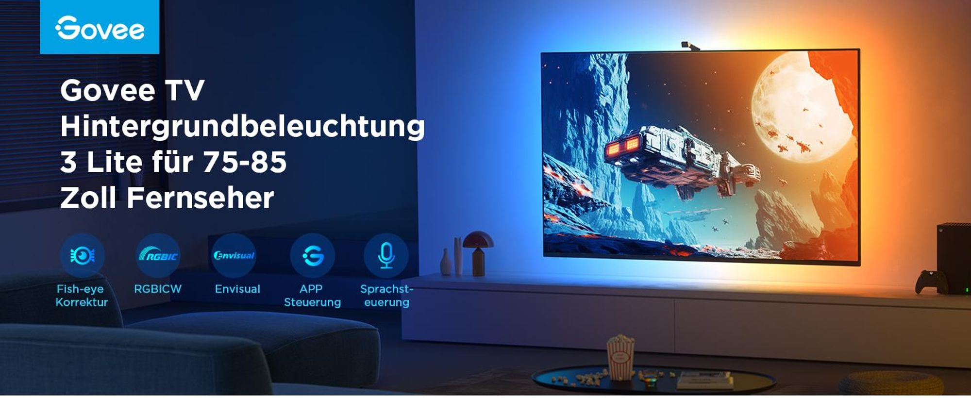 Govee TV Hintergrundbeleuchtung 3 Lite LED, Sync für 75-85 Zoll TVs, Sprach- & APP-Steuerung