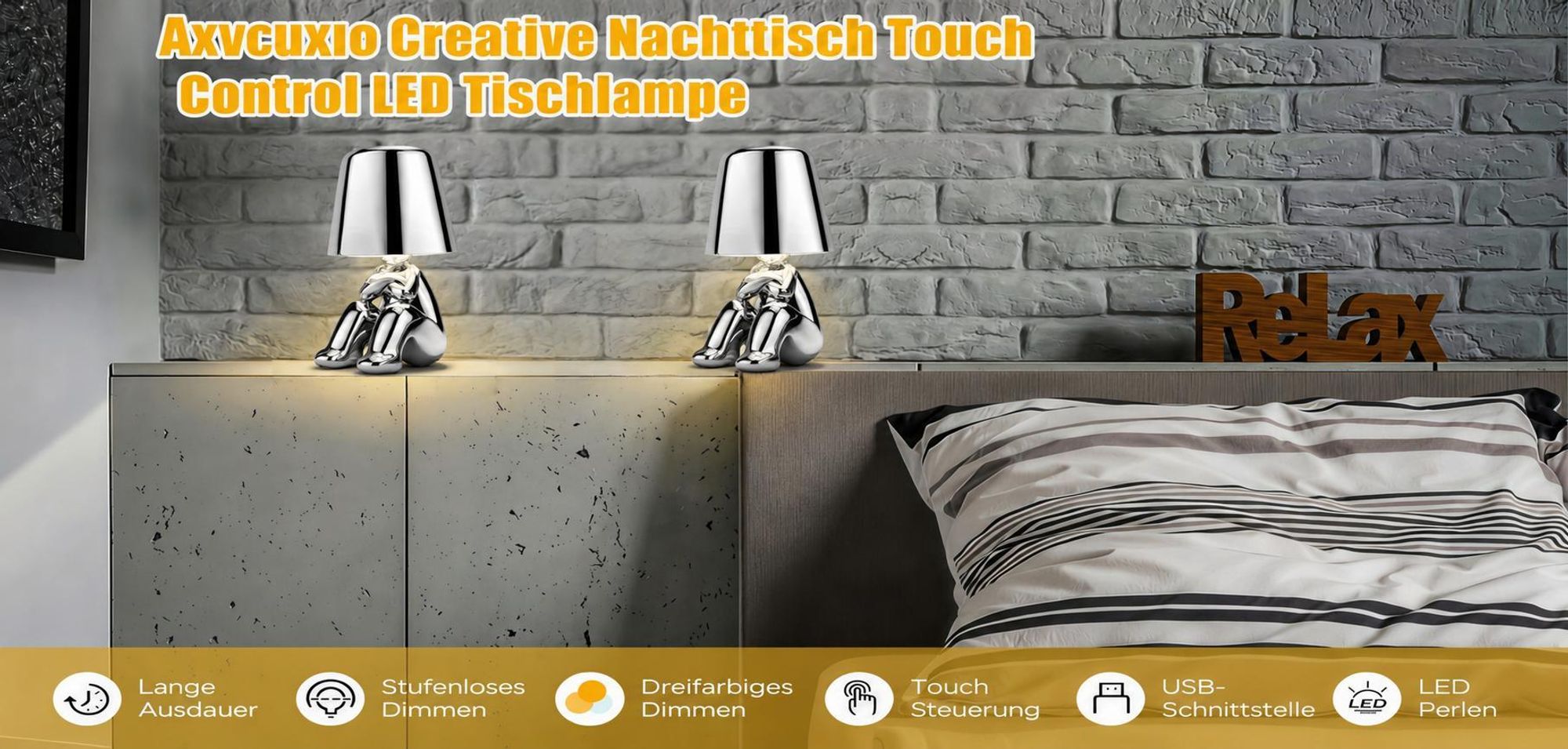 Thinker-Statue LED Nachttischlampe mit Touch-Steuerung,USB-Aufladung,3 Helligkeitsstufen,Kabellose Dimmbare Tischlampe,Dekorative Nachtlicht(SilverC)