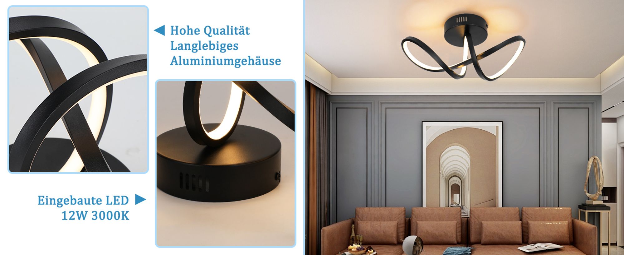 ZMH Deckenleuchte Wohnzimme Deckenlampe Schlafzimmer Modern Wohnzimmerlampe Schwarz 12W Design Küchenlampe 3000K Warmweiß Innen Deckenbeleuchtung LED