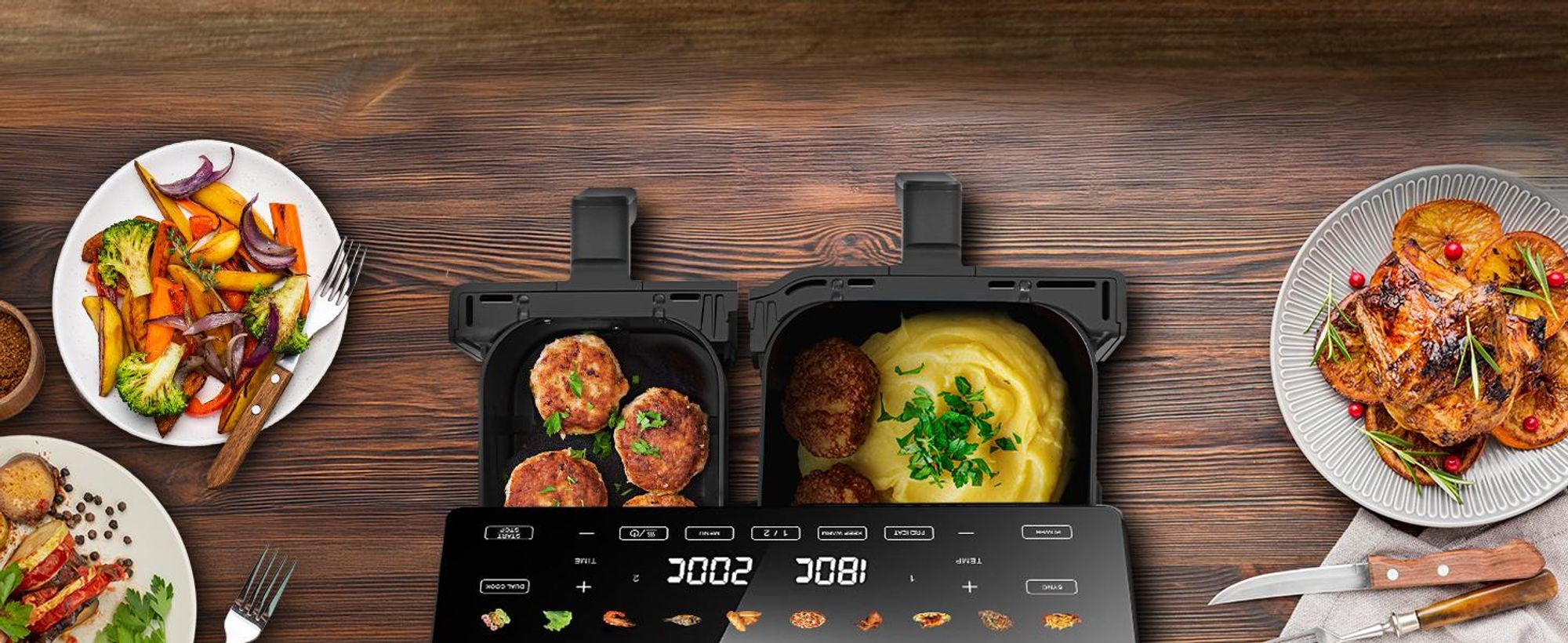 Extralink Air Fryer Dual Basket 10 l Heißluftfritteuse 2500 W mit 2 Körben und Touchdisplay