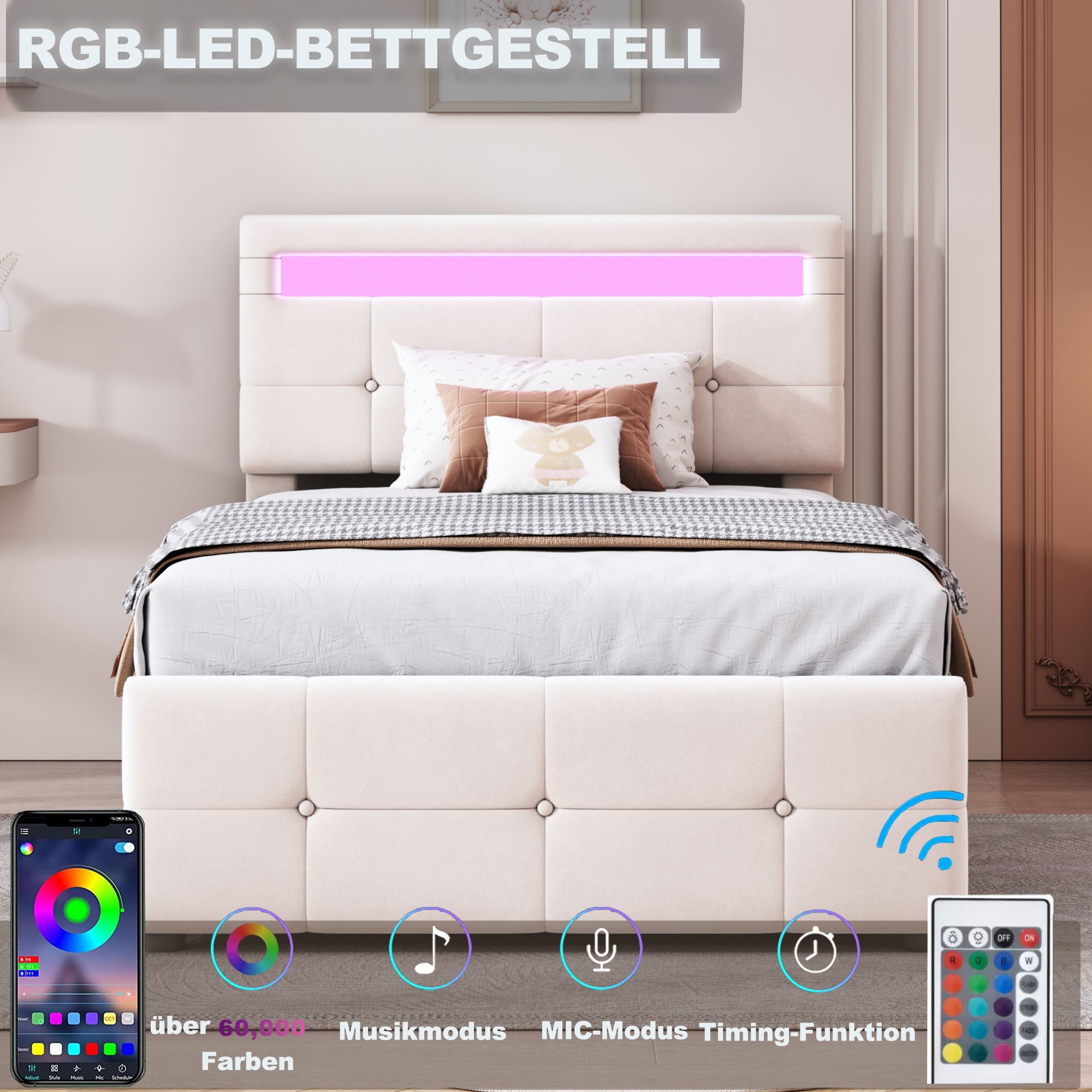 Flieks Hydraulisches Polsterbett 90x200cm mit LED, Jugendbett Einzelbett mit Lattenrost, Stauraumbett Boxspringbett höhenverstellbarem Kopfteil, Samt