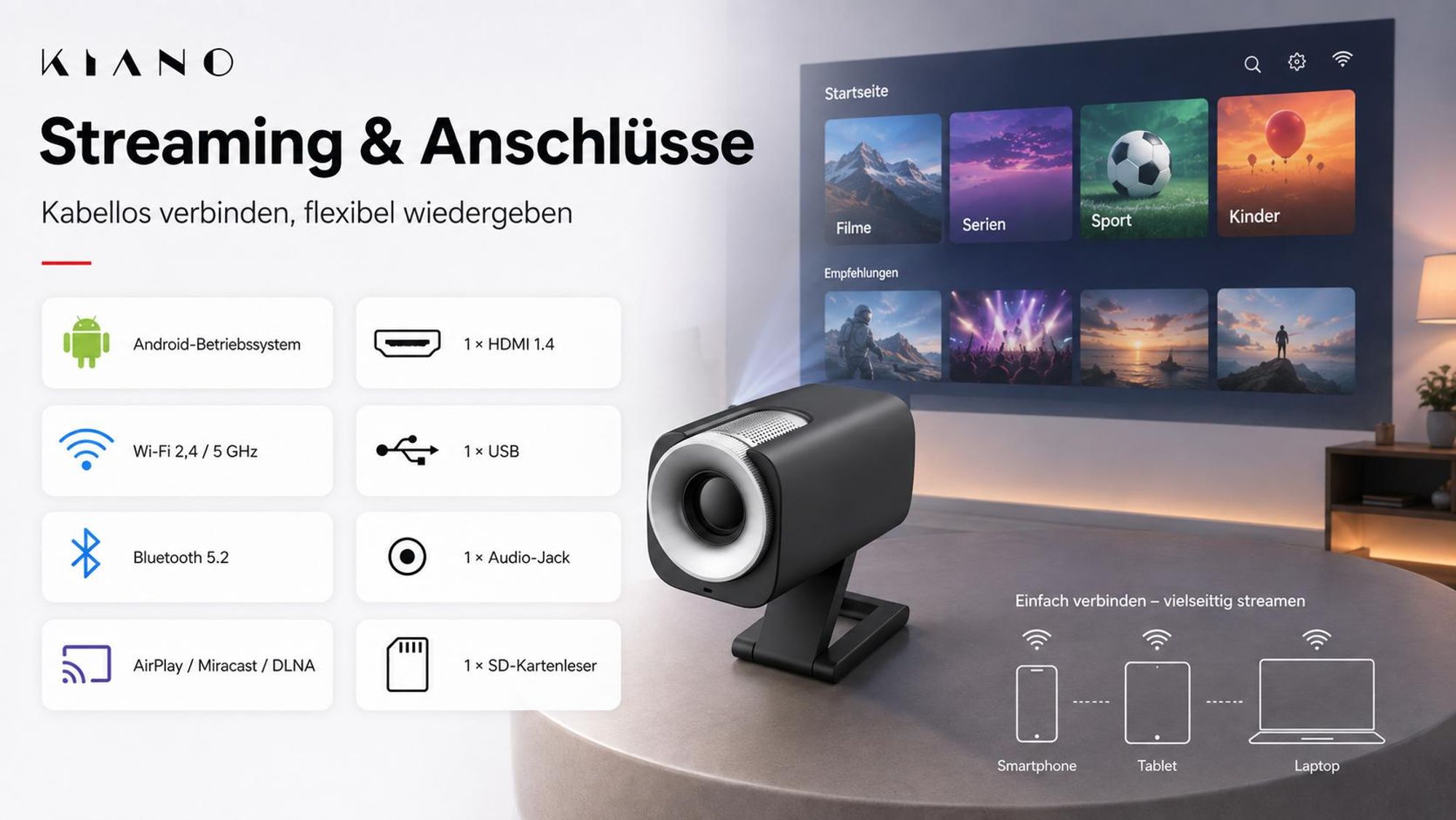 Kiano GO Mini Beamer, Android Projektor HD 720p, WLAN, bis 128 Zoll, Schwarz